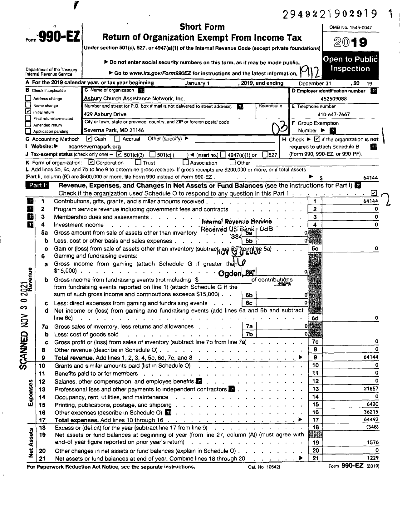 Image of first page of 2019 Form 990EZ for Asbury Church Assistance Network In (ACAN)