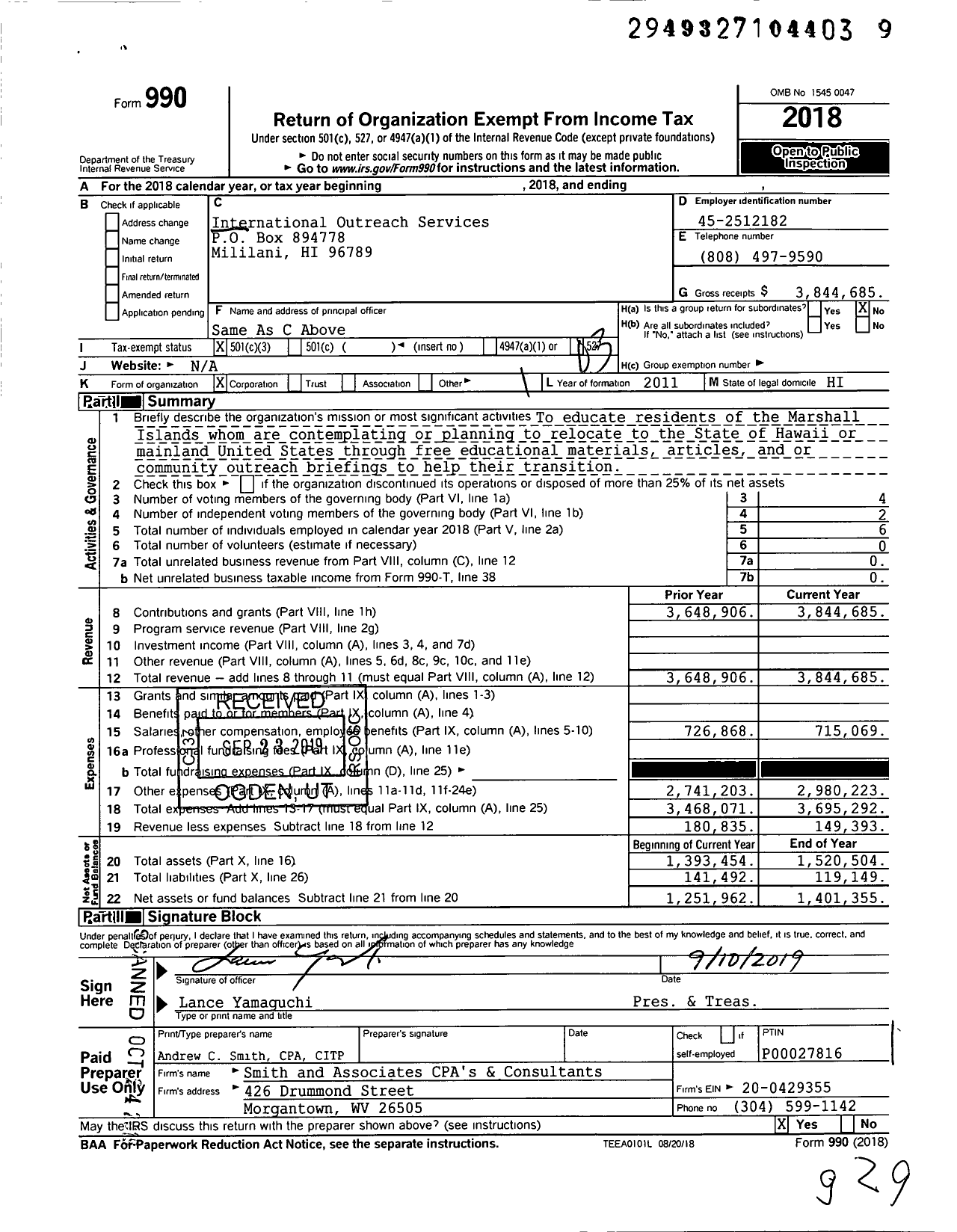 Image of first page of 2018 Form 990 for International Outreach Services