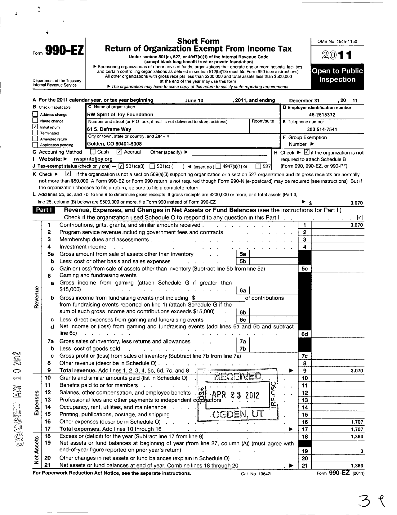 Image of first page of 2011 Form 990EZ for RW Spirit of Joy Foundation