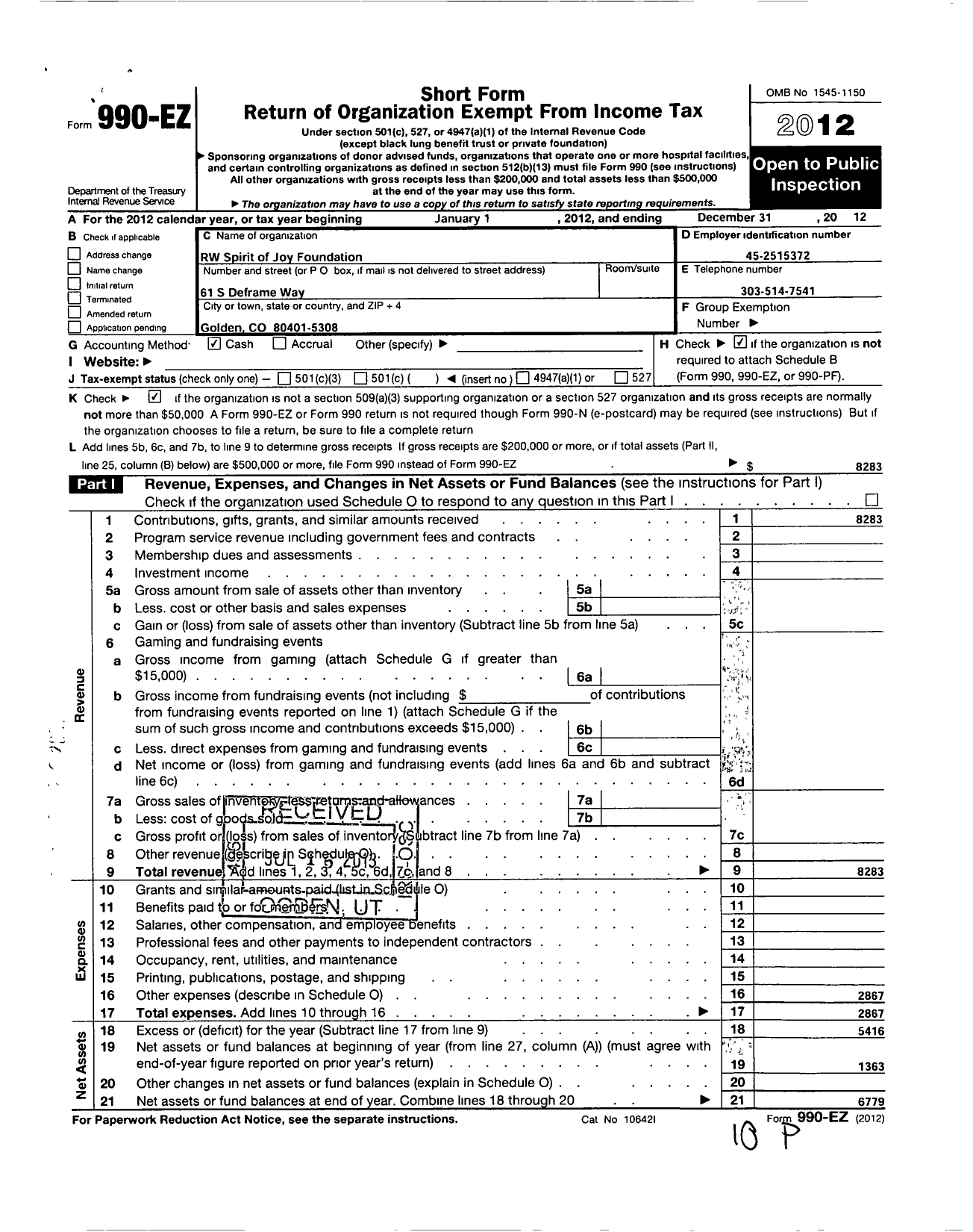 Image of first page of 2012 Form 990EO for RW Spirit of Joy Foundation