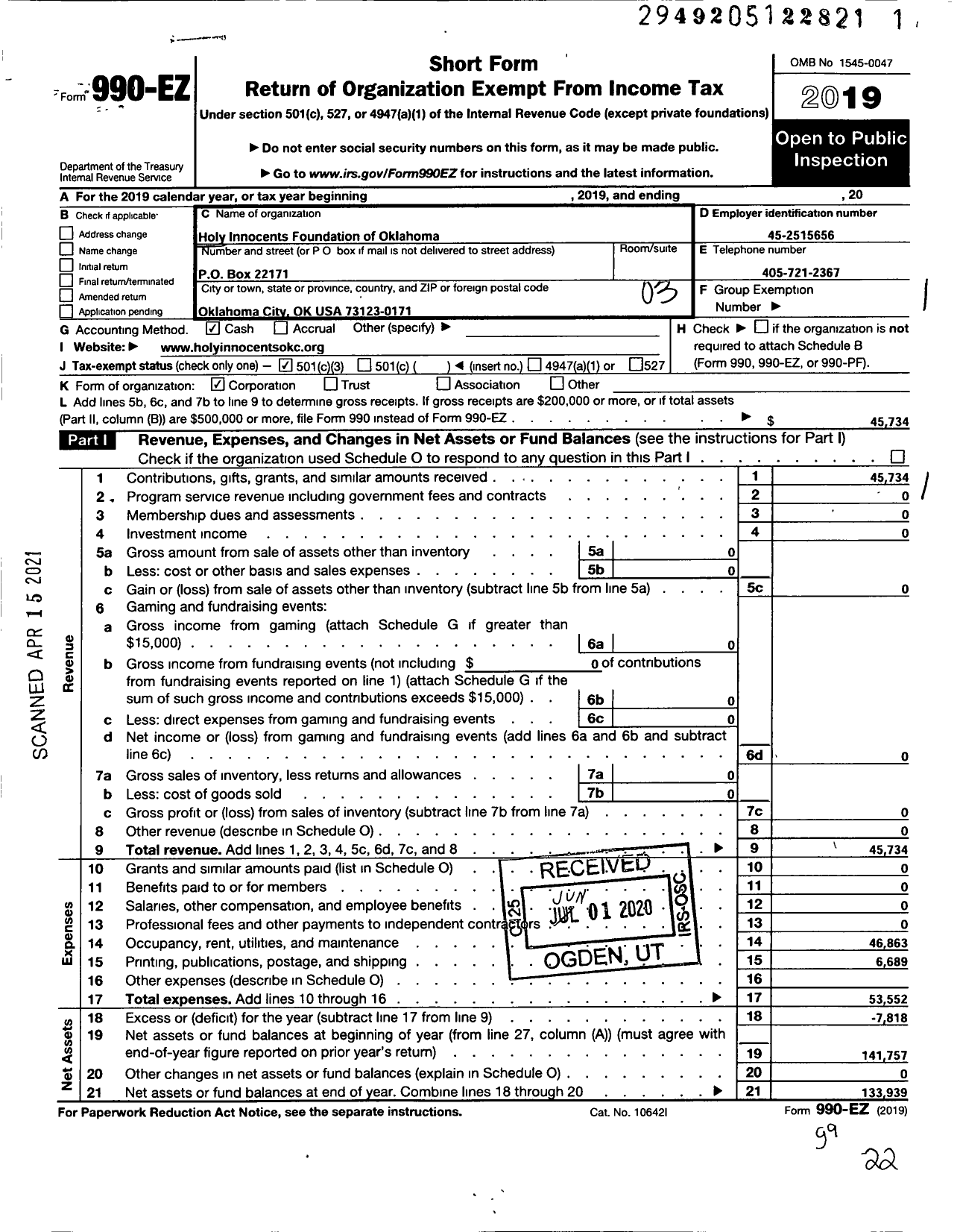 Image of first page of 2019 Form 990EZ for Holy Innocents Foundation of Oklahoma