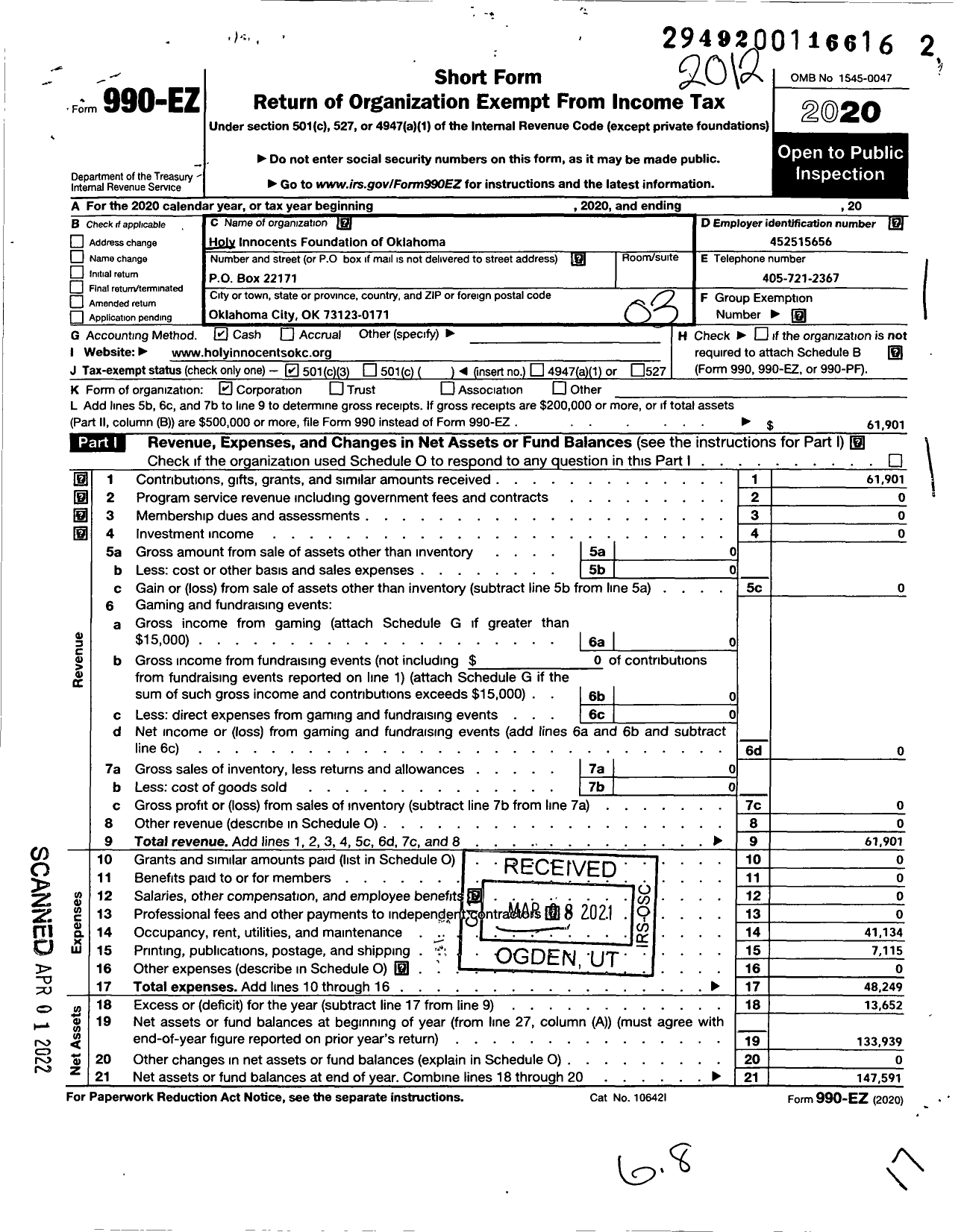 Image of first page of 2020 Form 990EZ for Holy Innocents Foundation of Oklahoma