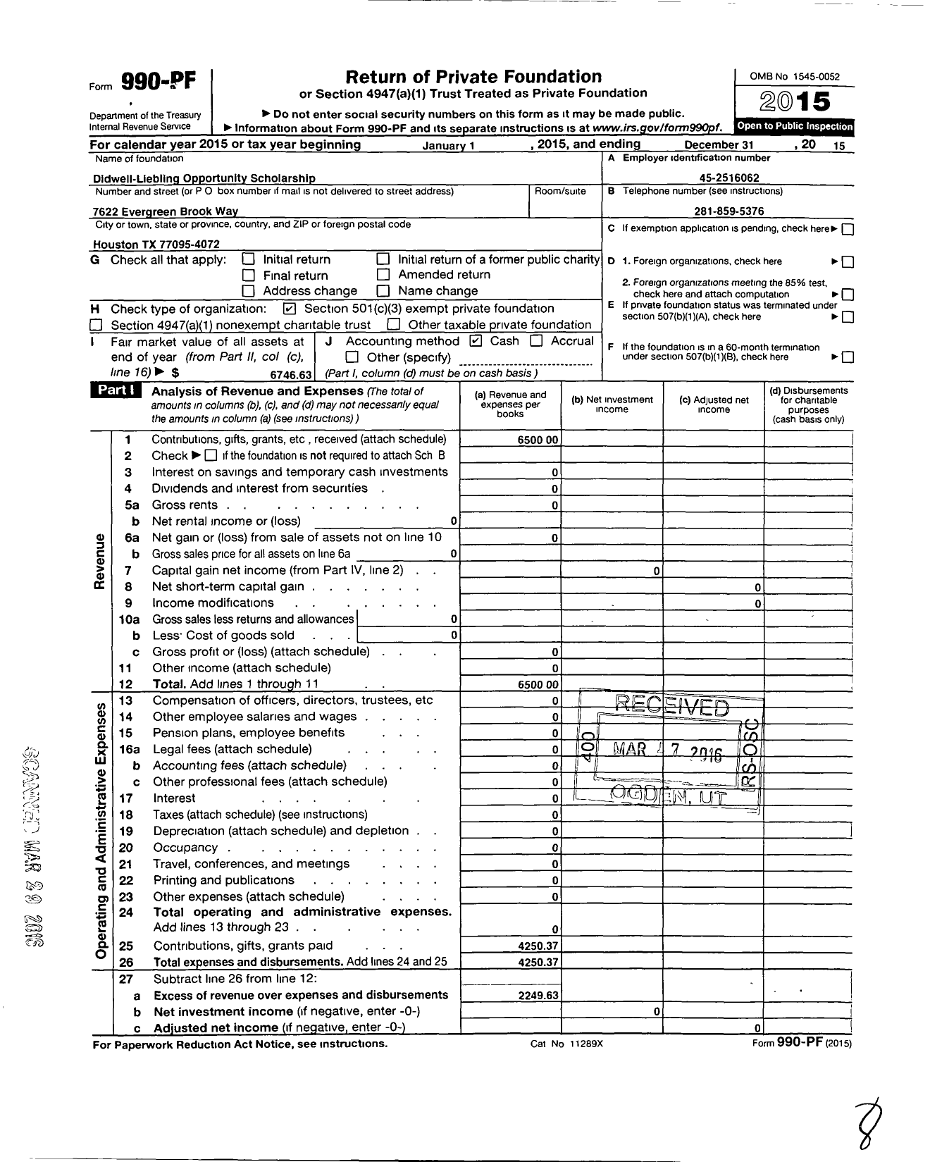 Image of first page of 2015 Form 990PF for Didwell-Liebling Opportunity Scholarship