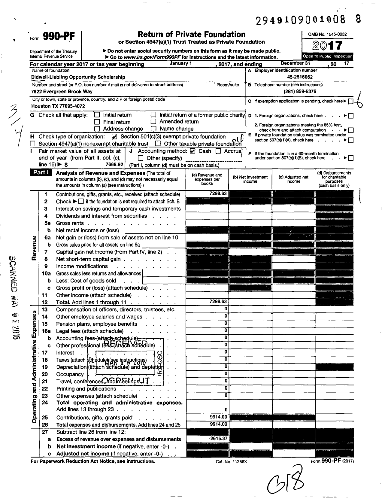 Image of first page of 2017 Form 990PF for Didwell-Liebling Opportunity Scholarship