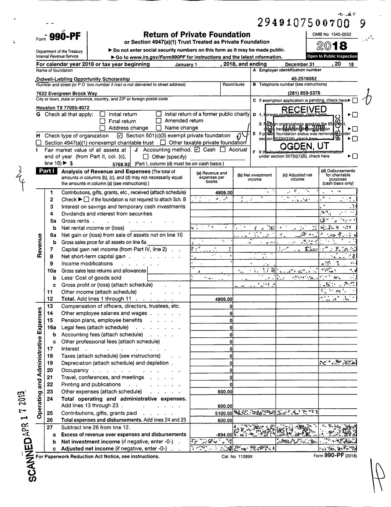 Image of first page of 2018 Form 990PF for Didwell-Liebling Opportunity Scholarship