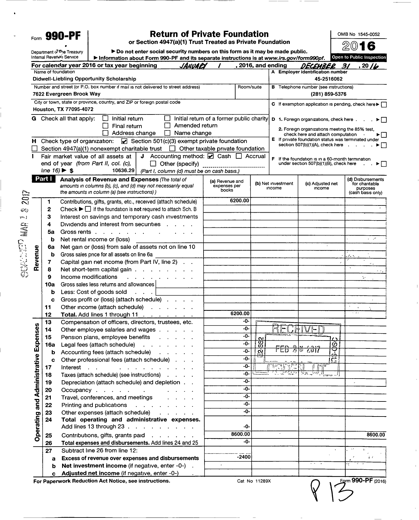 Image of first page of 2016 Form 990PF for Didwell-Liebling Opportunity Scholarship