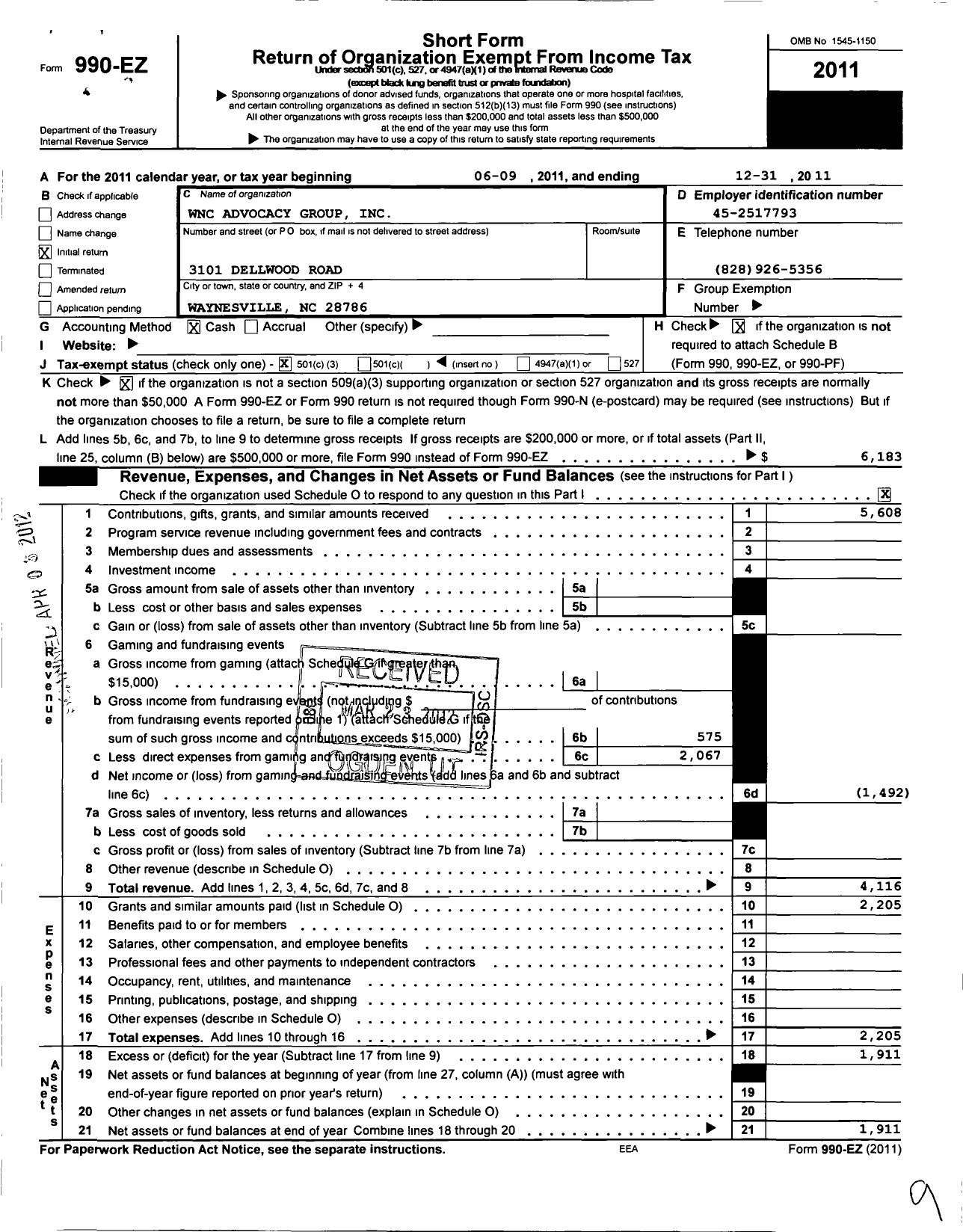 Image of first page of 2011 Form 990EZ for WNC Advocacy Group