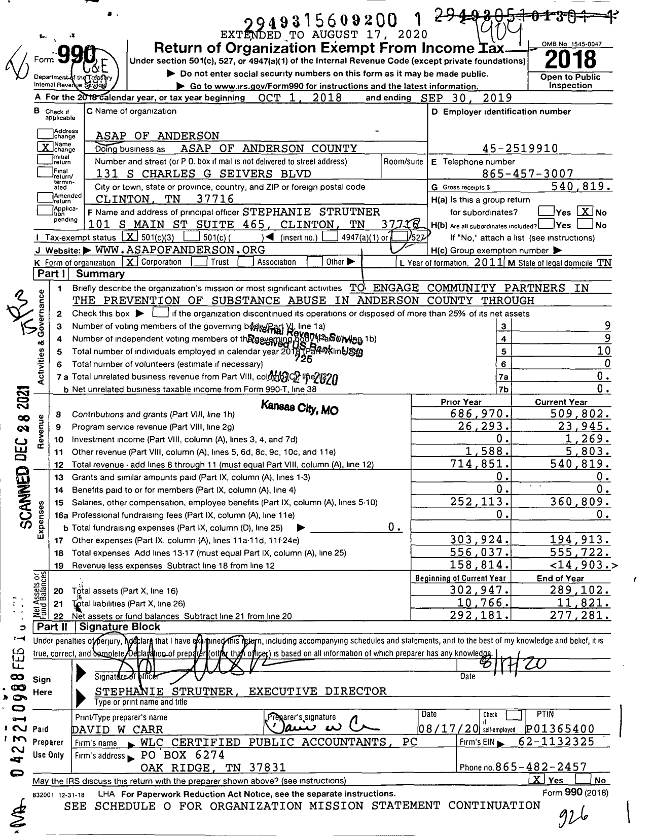 Image of first page of 2018 Form 990 for ASAP of Anderson County