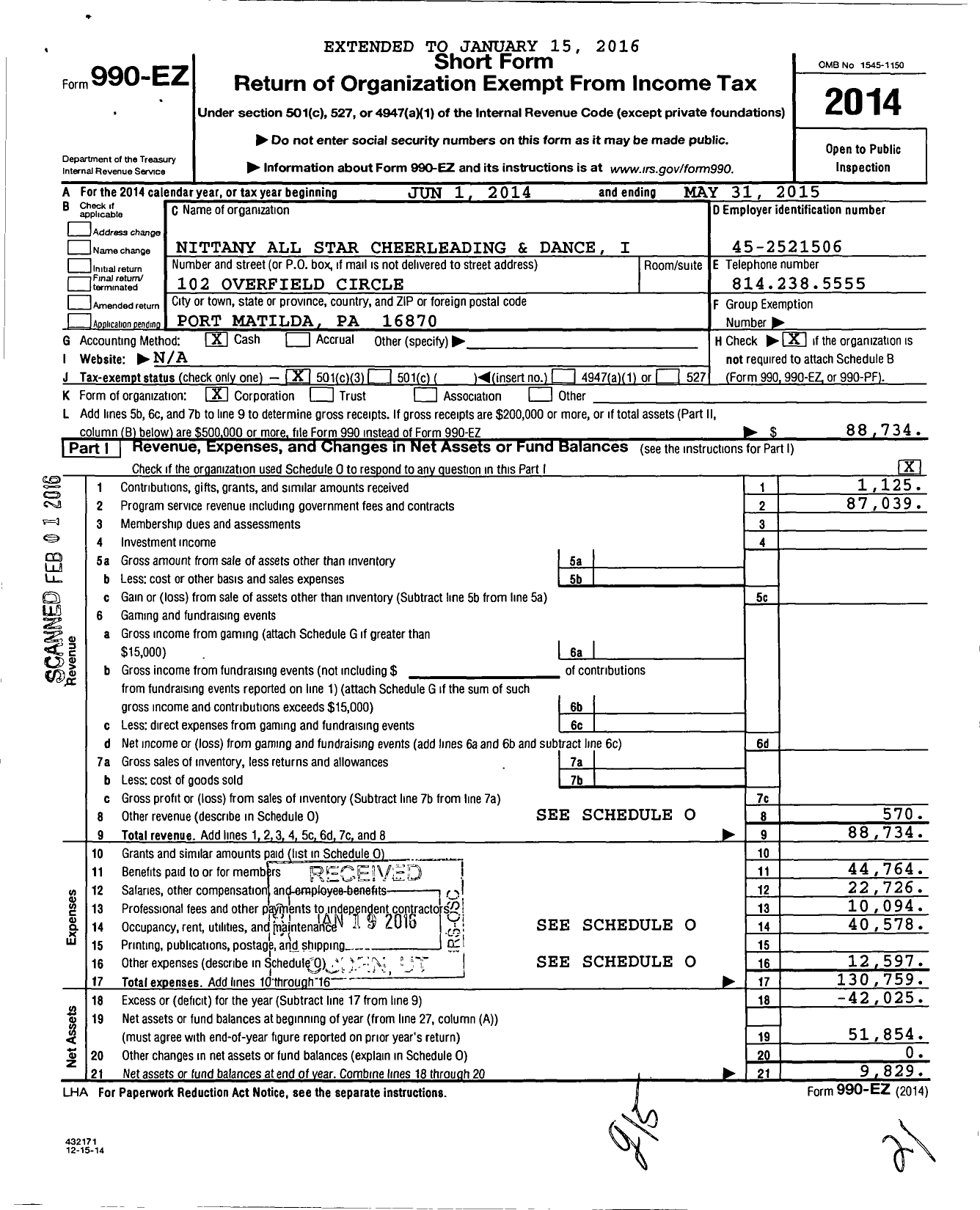 Image of first page of 2014 Form 990EZ for Nittany All Stars Cheerleading and Dance