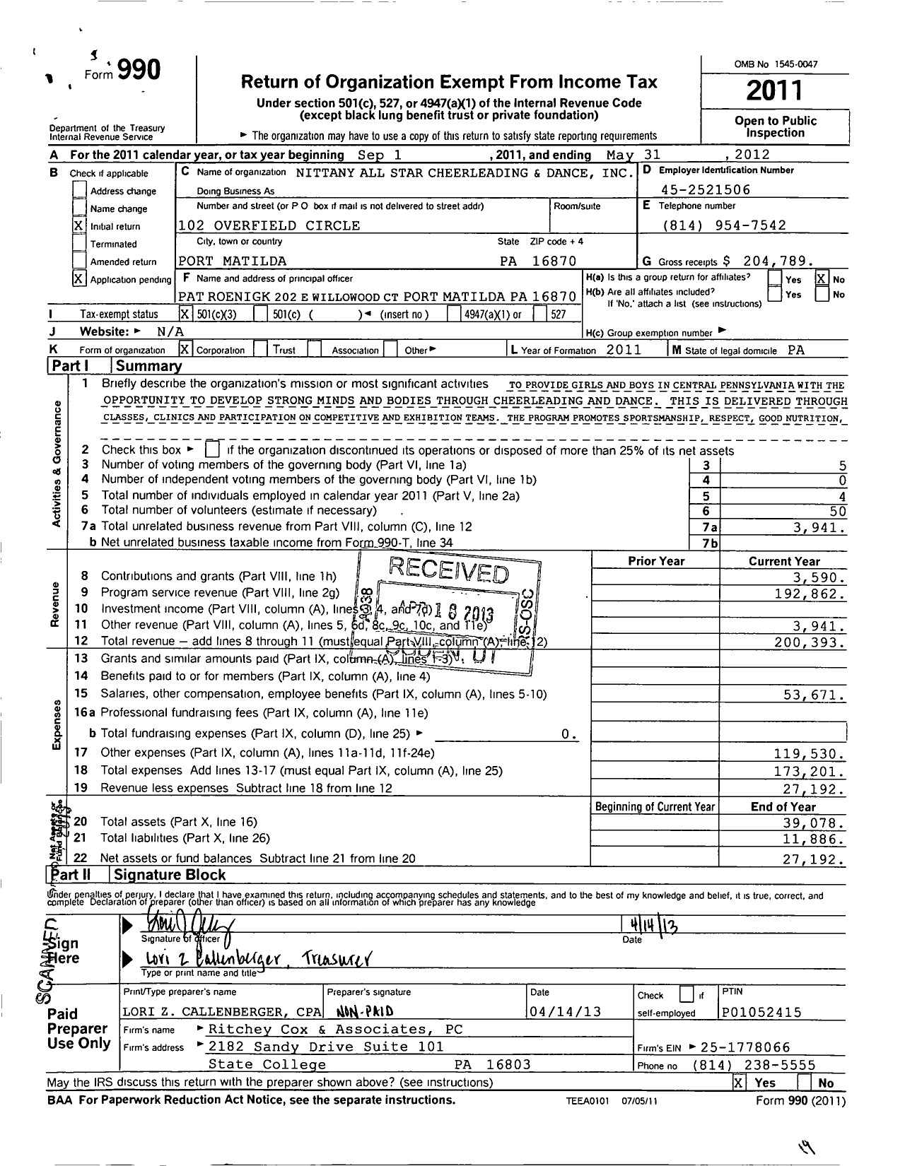 Image of first page of 2011 Form 990 for Nittany All Stars Cheerleading and Dance