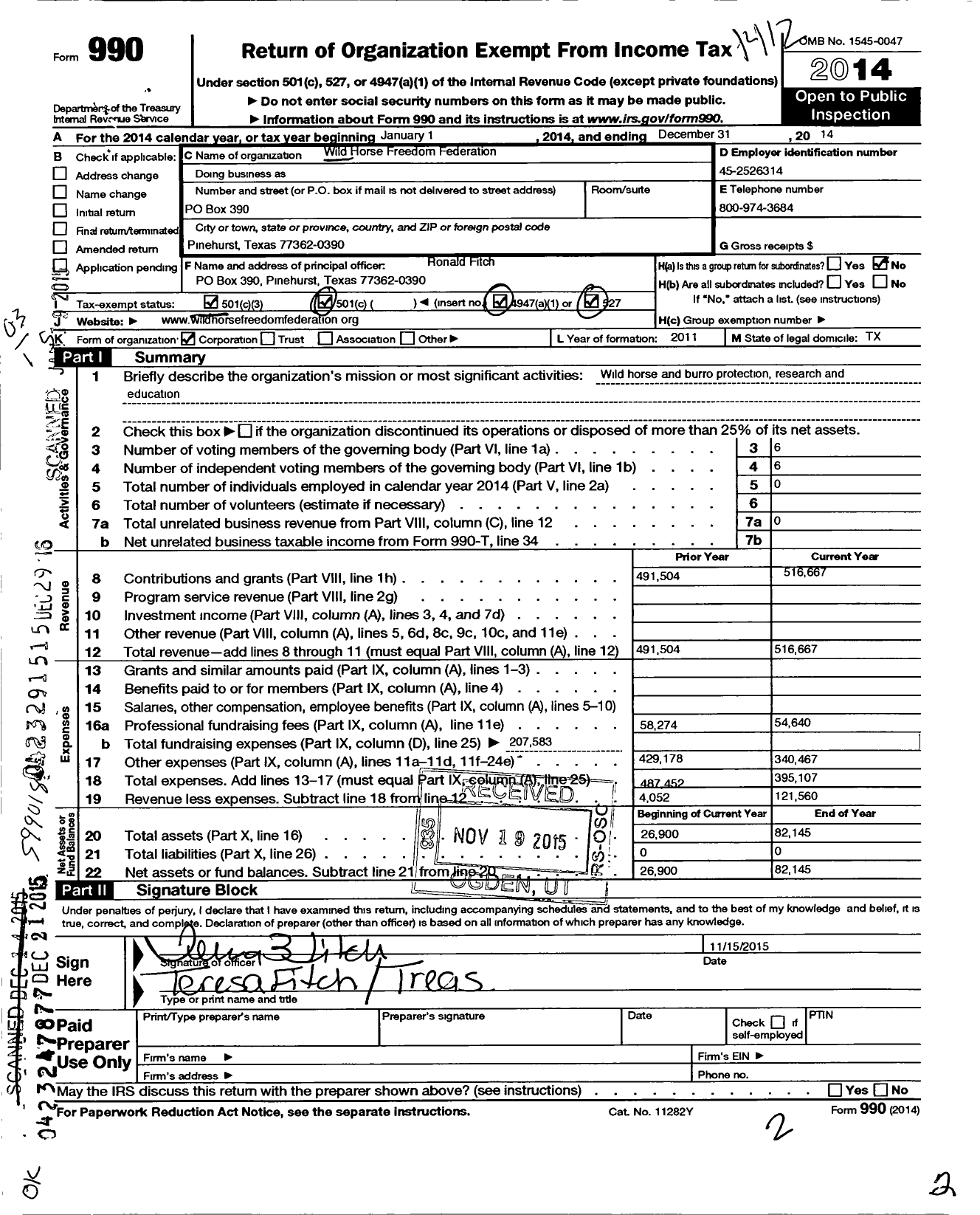 Image of first page of 2014 Form 990 for Wild Horse Freedom Federation