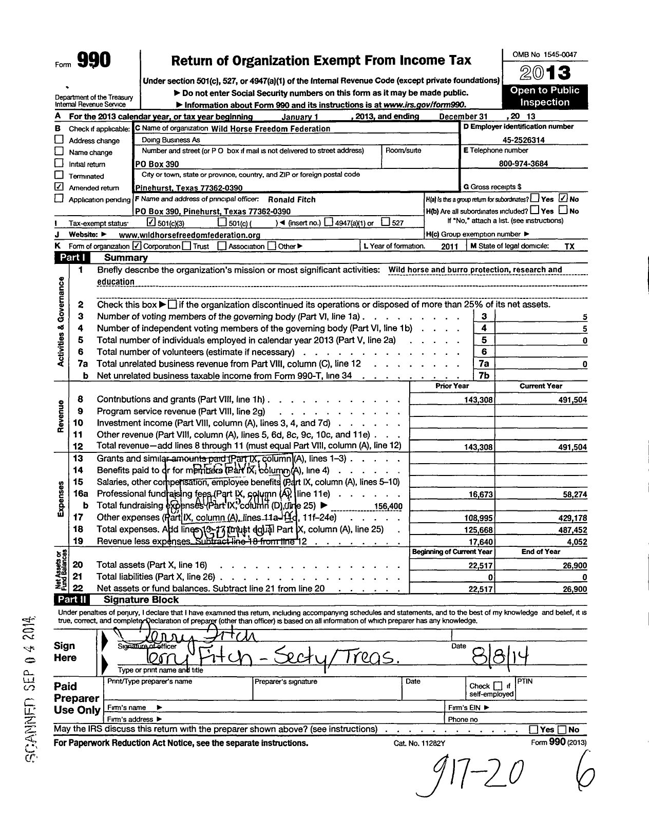 Image of first page of 2013 Form 990 for Wild Horse Freedom Federation