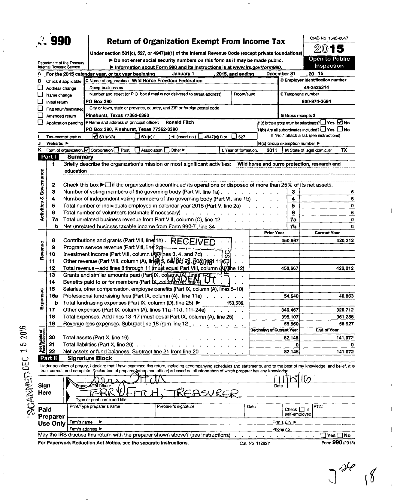 Image of first page of 2015 Form 990 for Wild Horse Freedom Federation