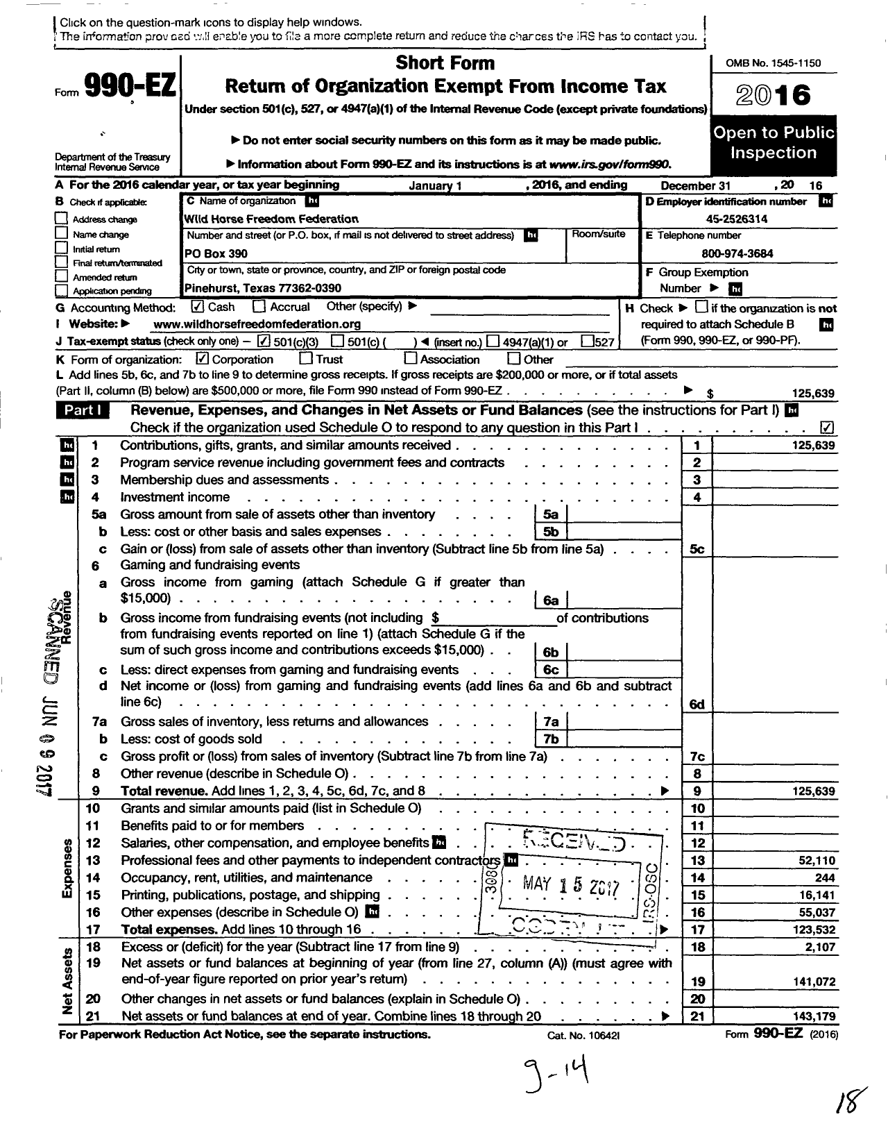 Image of first page of 2016 Form 990EZ for Wild Horse Freedom Federation