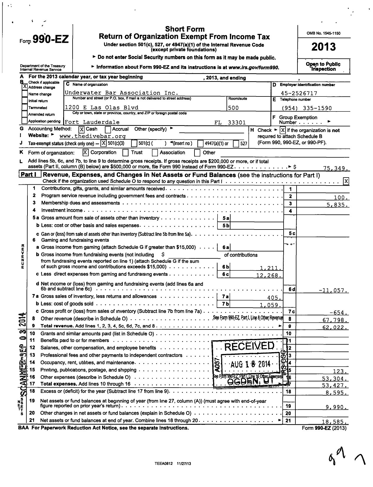 Image of first page of 2013 Form 990EZ for Underwater Bar Association