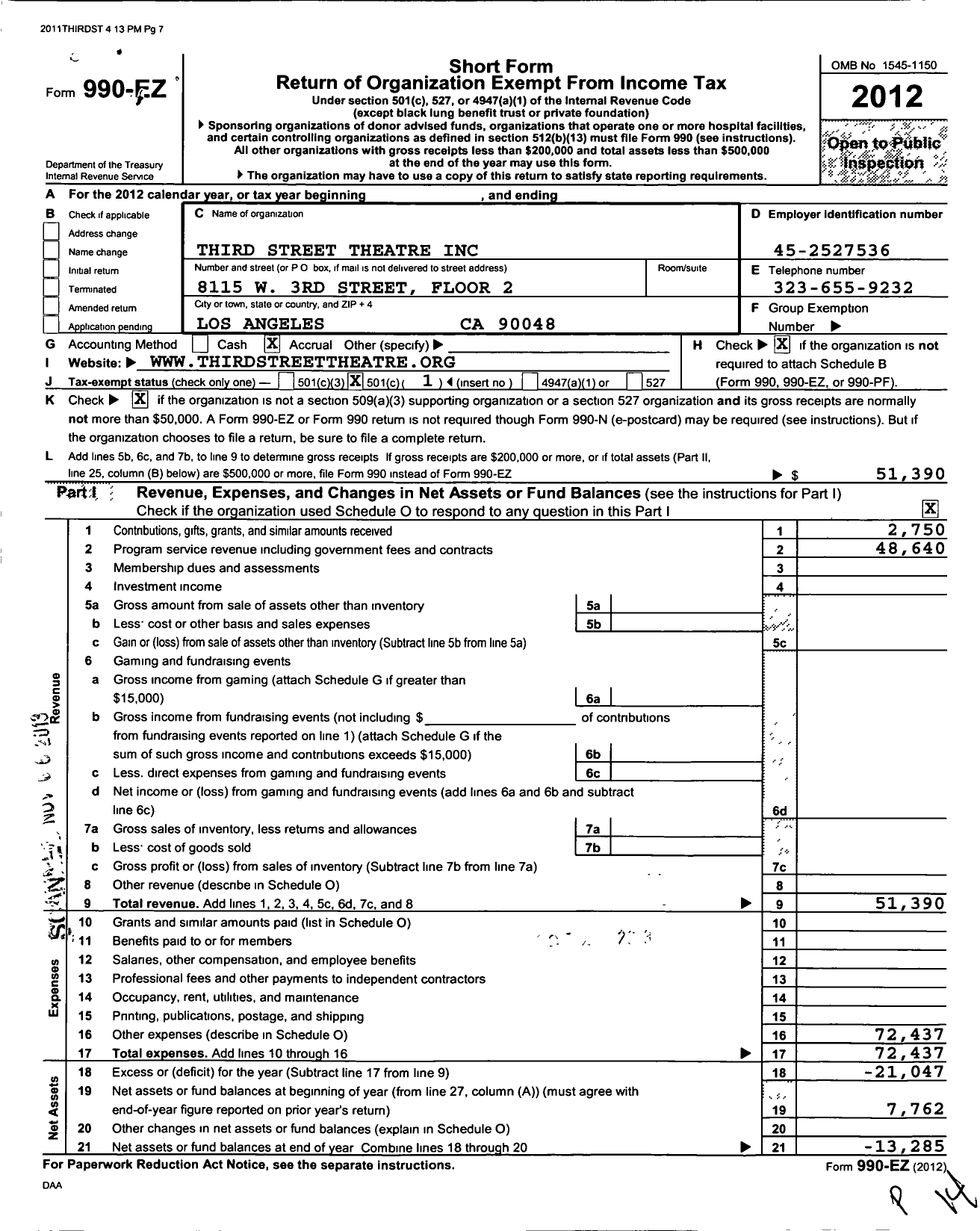 Image of first page of 2012 Form 990EO for Third Street Theatre