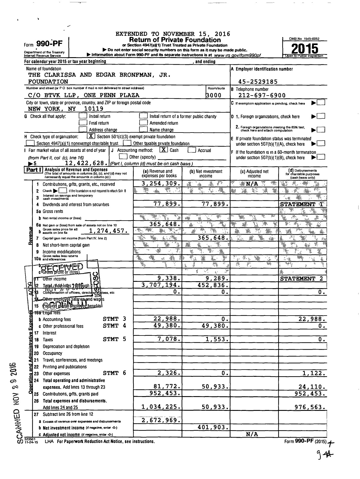 Image of first page of 2015 Form 990PF for The Clarissa and Edgar Bronfman JR Foundation