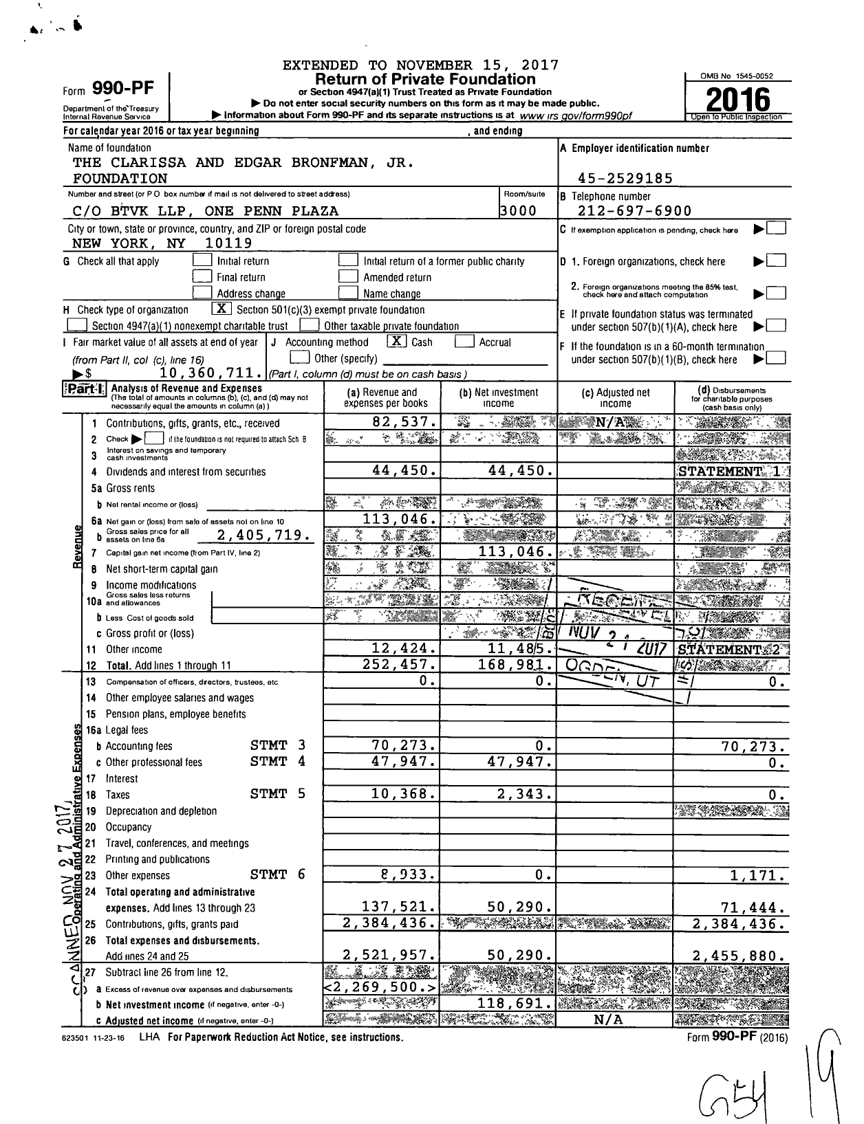 Image of first page of 2016 Form 990PF for The Clarissa and Edgar Bronfman JR Foundation
