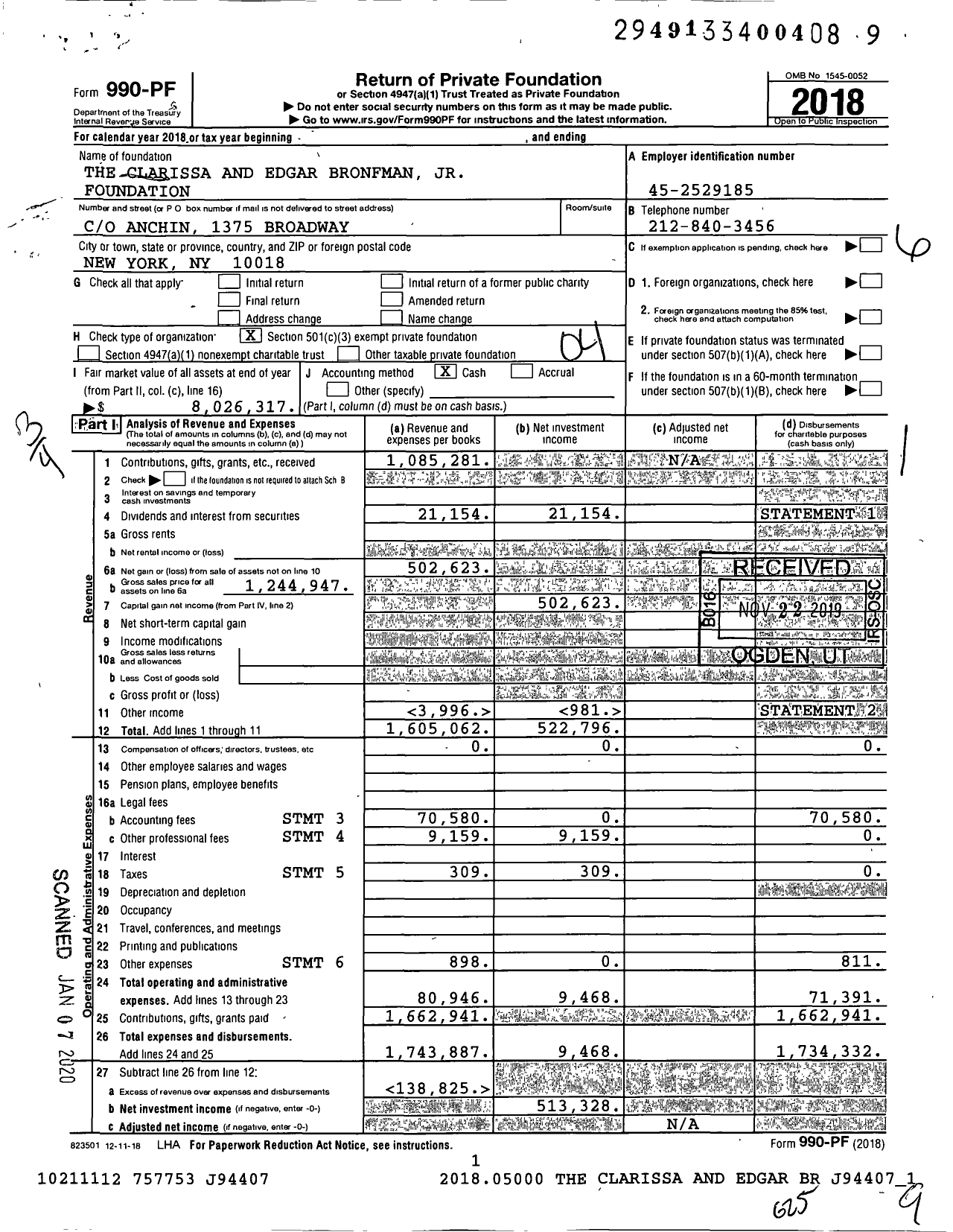 Image of first page of 2018 Form 990PF for The Clarissa and Edgar Bronfman JR Foundation