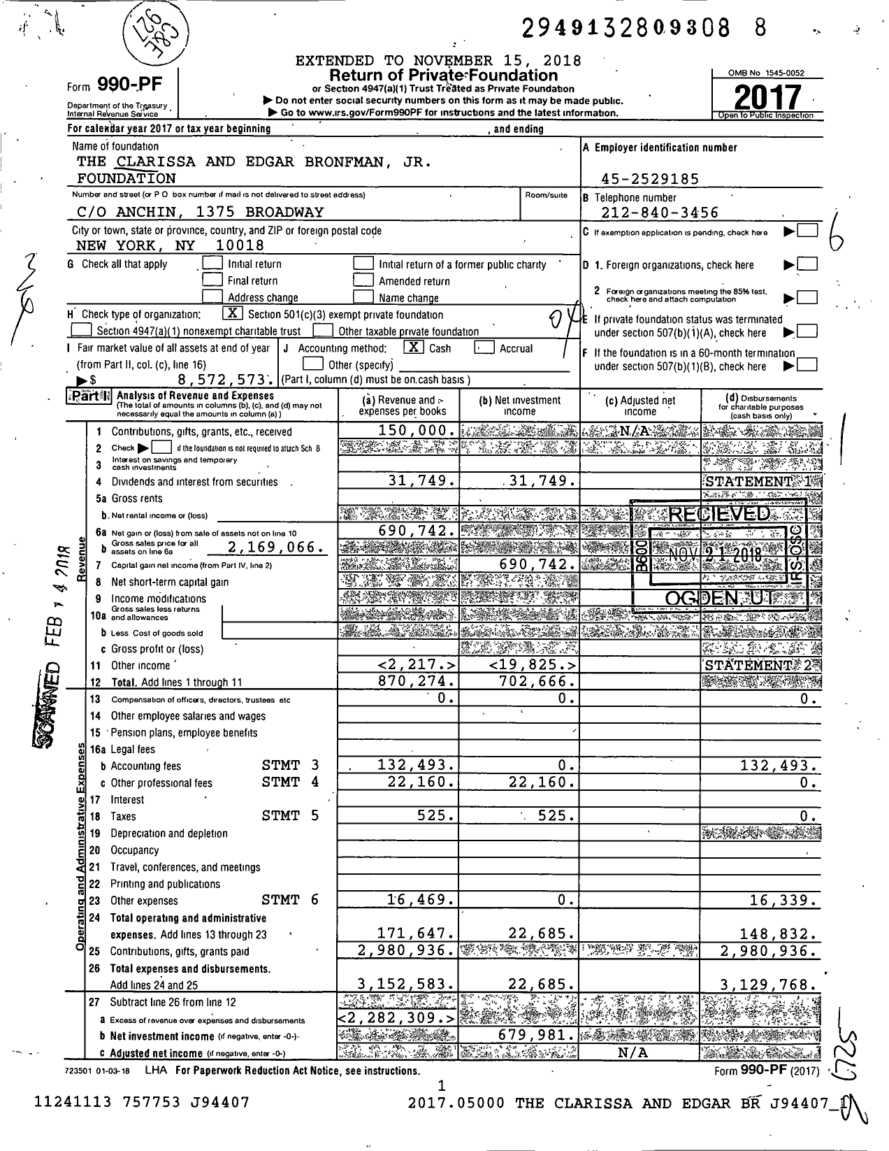 Image of first page of 2017 Form 990PF for The Clarissa and Edgar Bronfman JR Foundation