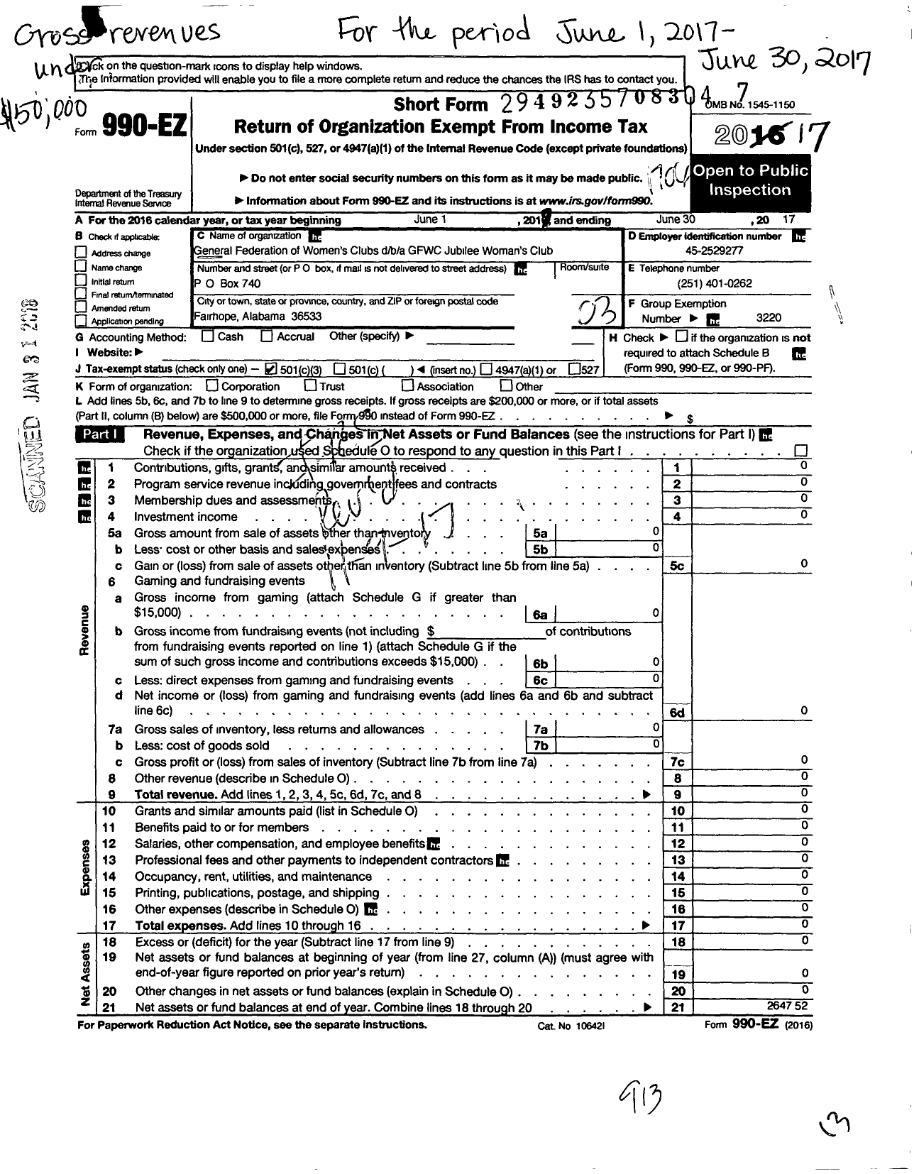 Image of first page of 2016 Form 990EZ for General Federation of Womens Club / GFWC Jubilee Womans Club