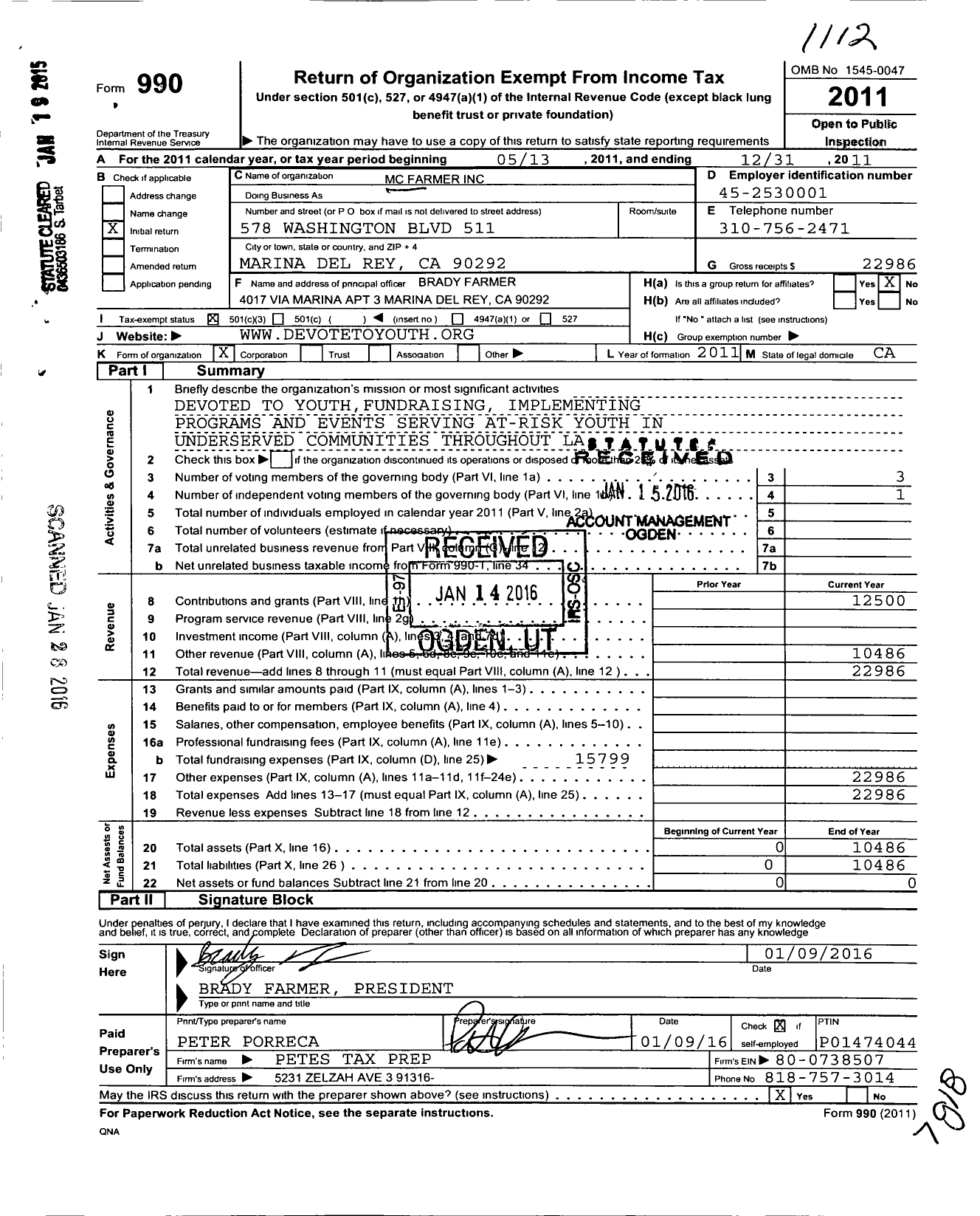 Image of first page of 2011 Form 990 for MC Farmer