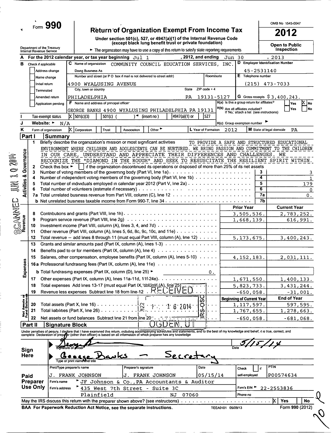 Image of first page of 2012 Form 990 for Community Council Education Services