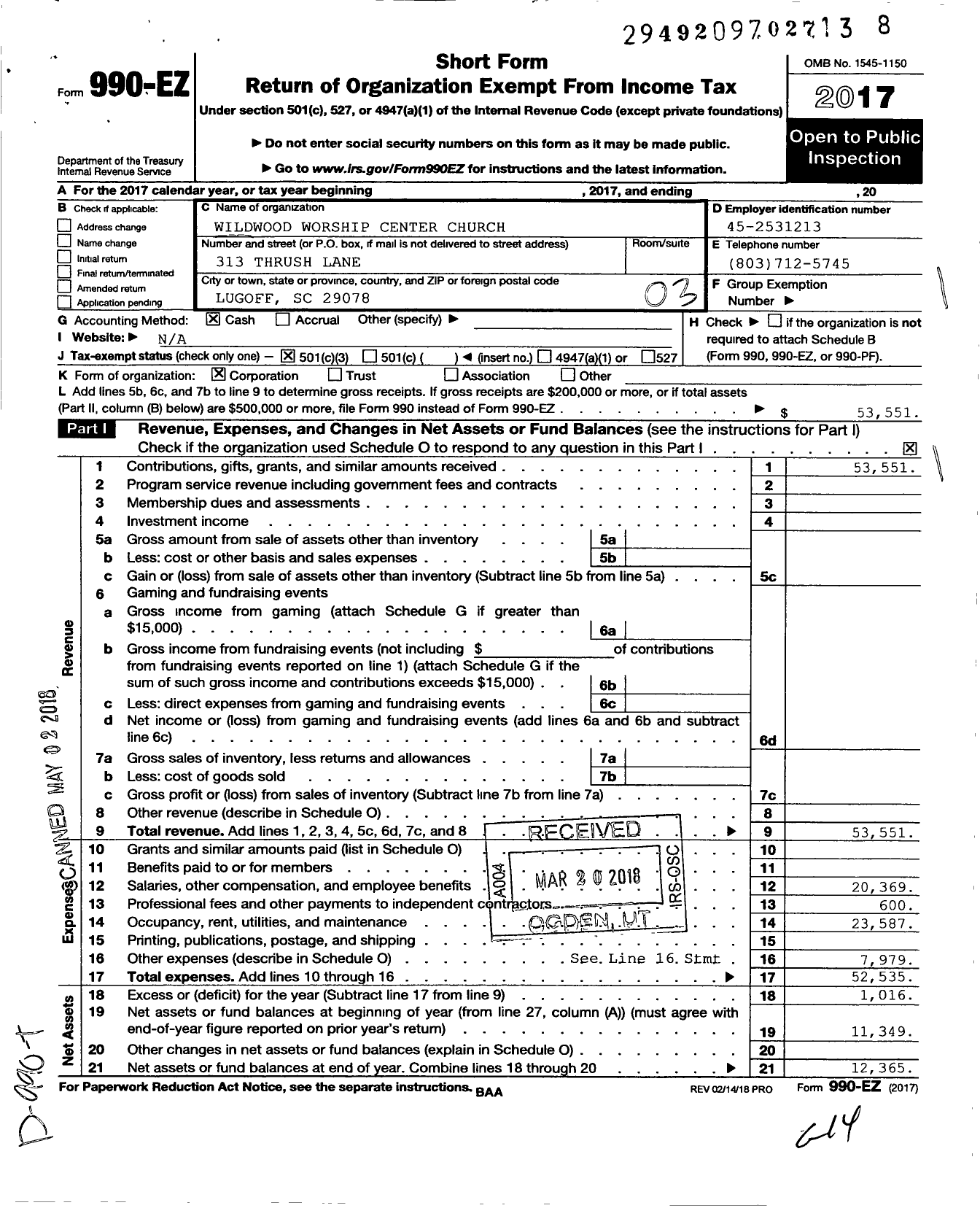 Image of first page of 2017 Form 990EZ for Wildwood Worship Center Church LLC