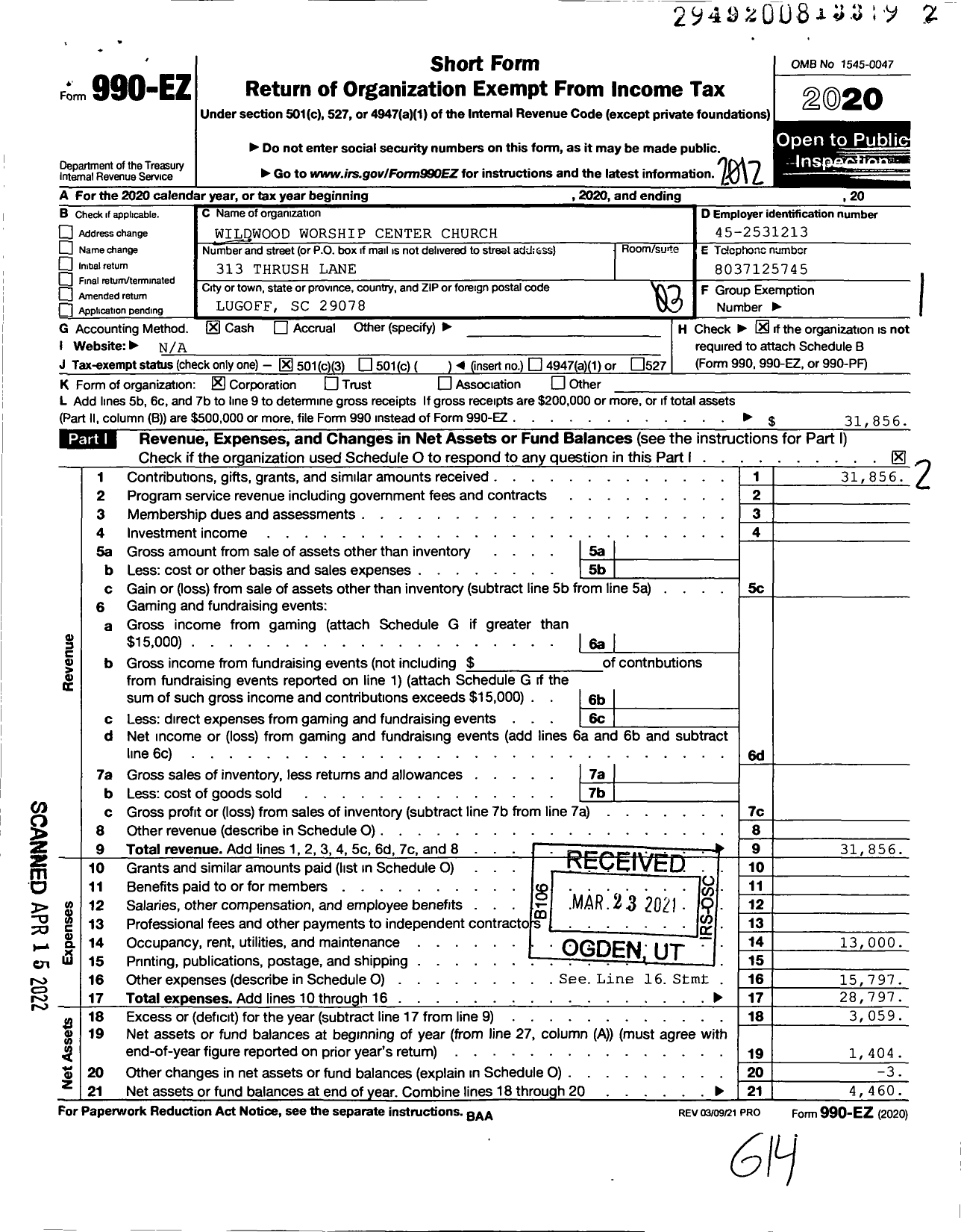 Image of first page of 2020 Form 990EZ for Wildwood Worship Center Church LLC