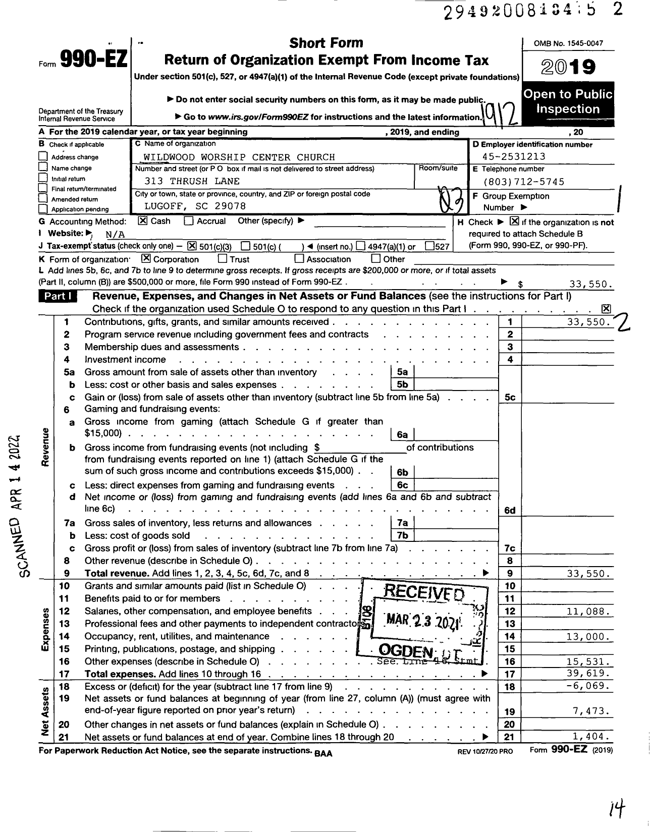 Image of first page of 2019 Form 990EZ for Wildwood Worship Center Church LLC