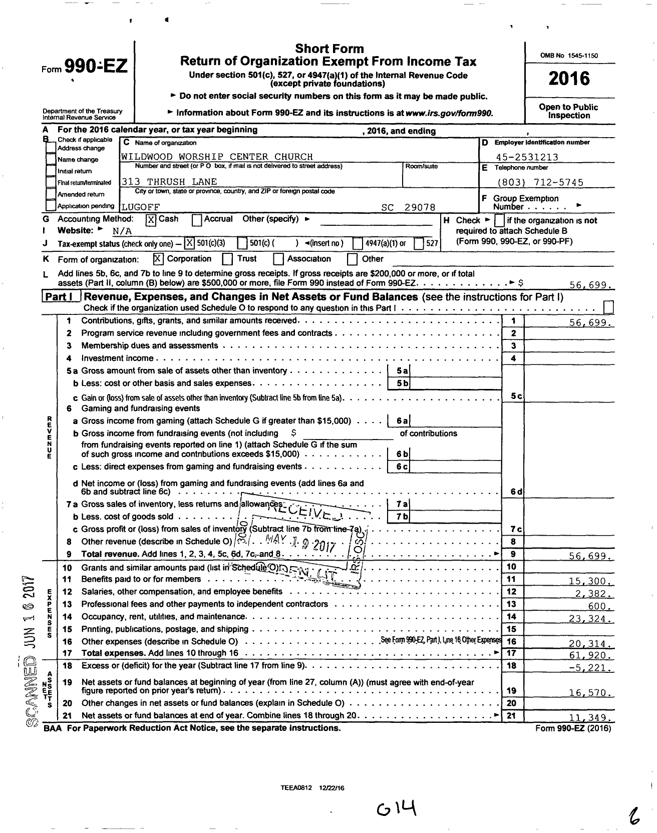 Image of first page of 2016 Form 990EZ for Wildwood Worship Center Church LLC