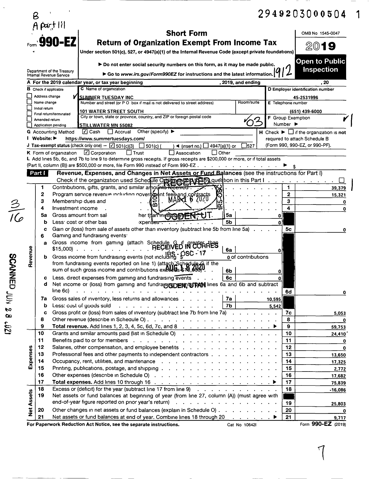 Image of first page of 2019 Form 990EZ for Summer Tuesday