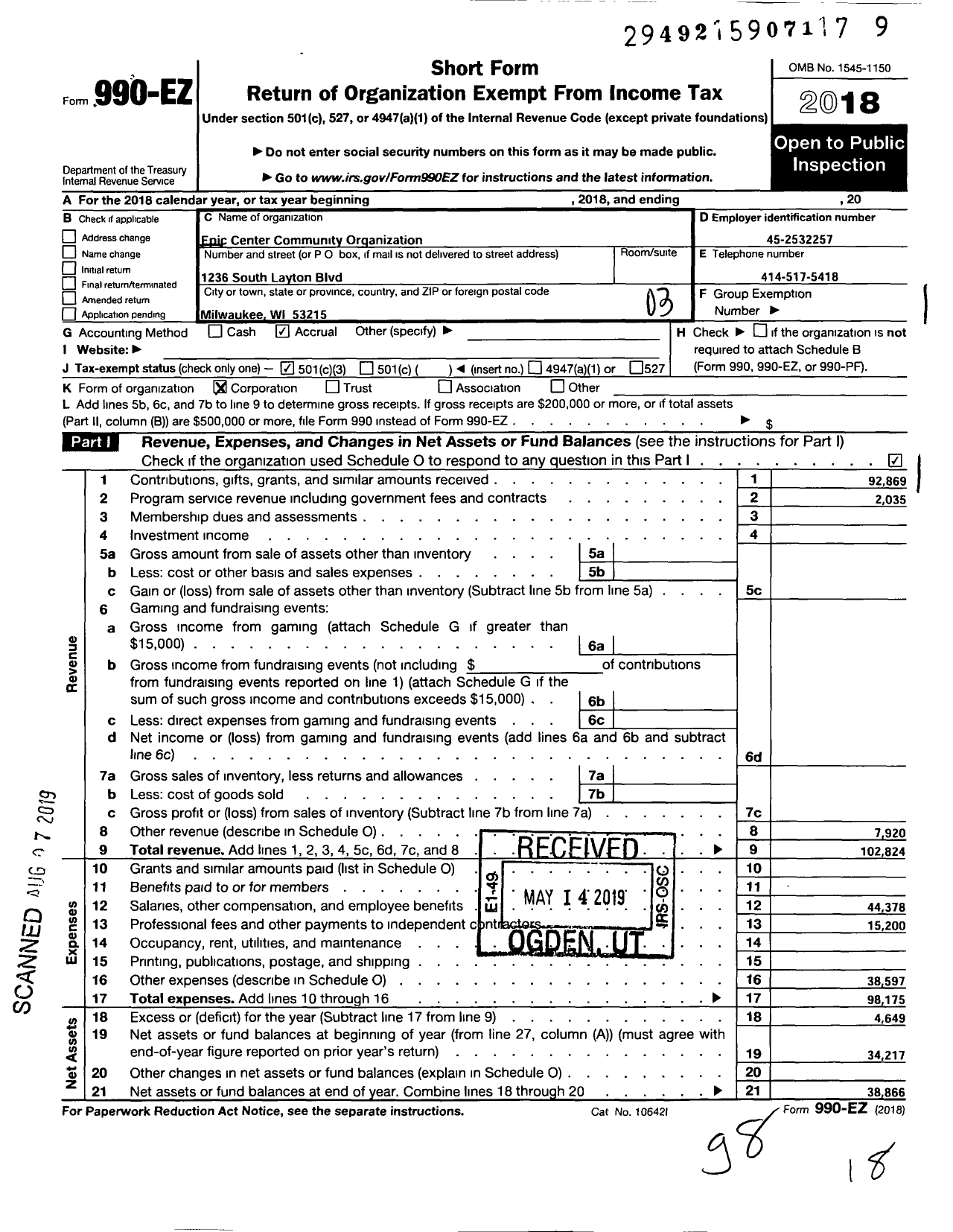 Image of first page of 2018 Form 990EZ for La Familia de Arte