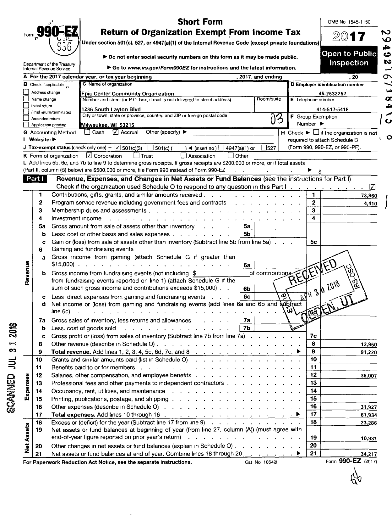 Image of first page of 2017 Form 990EZ for La Familia de Arte