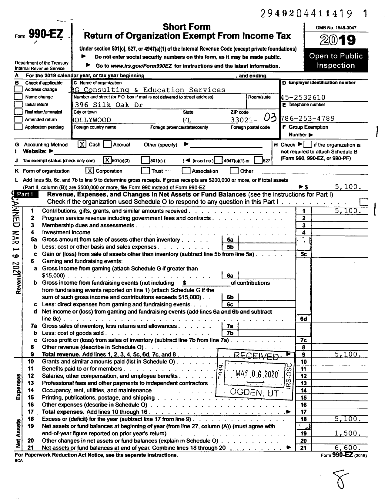 Image of first page of 2019 Form 990EZ for BG Consulting & Education Services