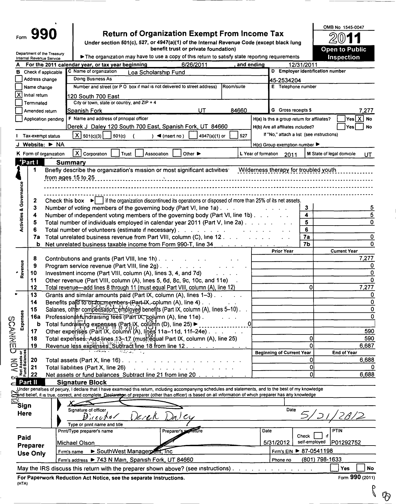 Image of first page of 2011 Form 990 for Loa Scholarship Fund