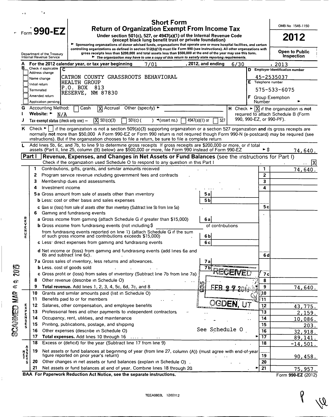 Image of first page of 2012 Form 990EZ for Catron County Grassroots Behavioral Health Group