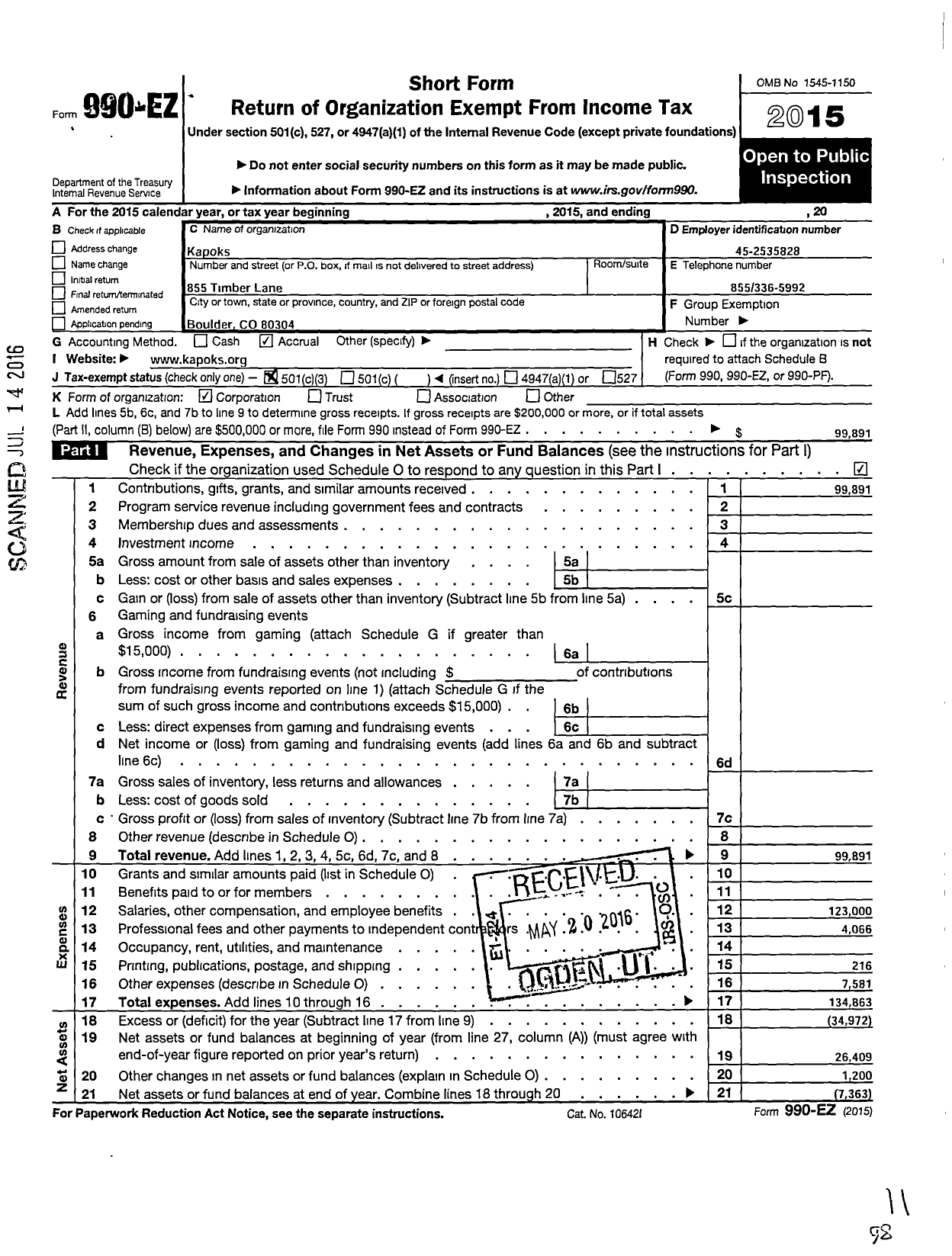 Image of first page of 2015 Form 990EZ for Kapoks