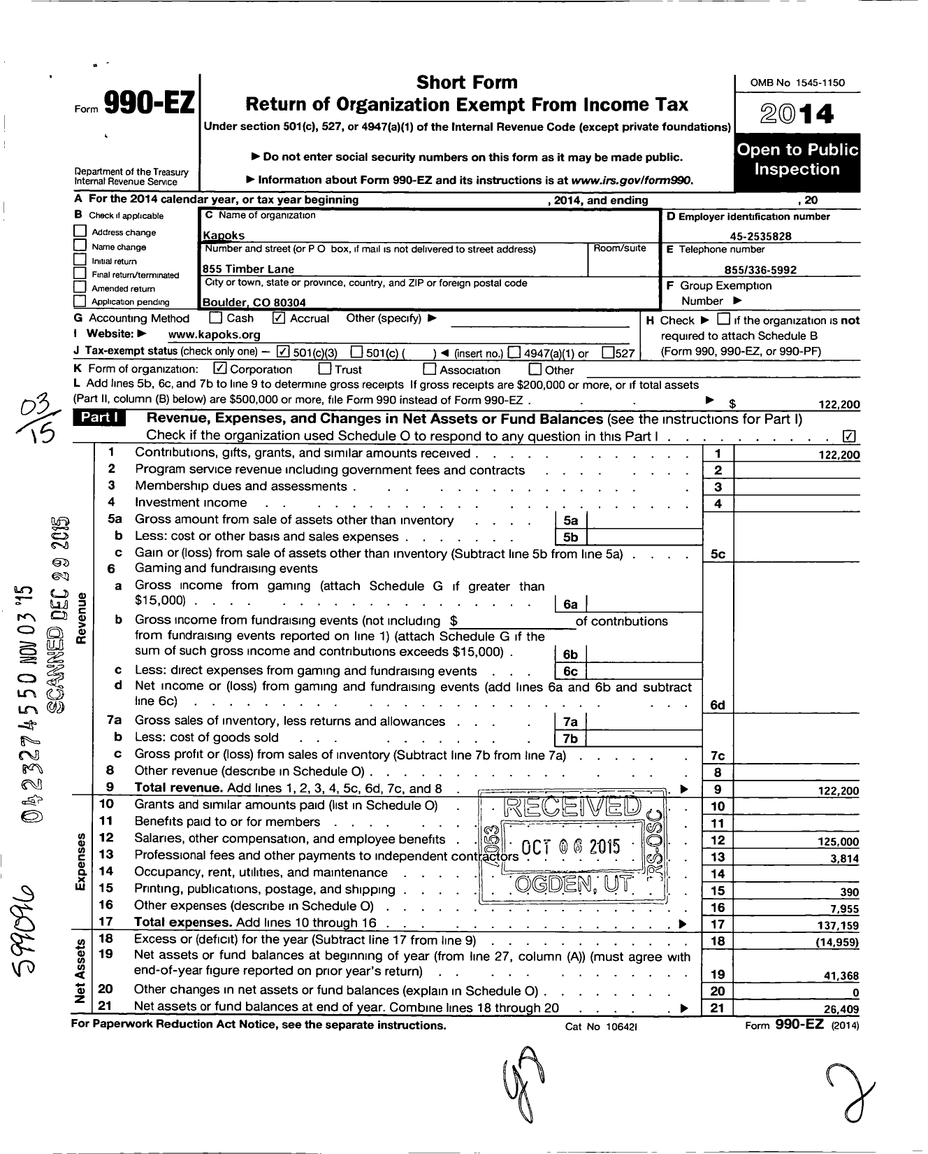 Image of first page of 2014 Form 990EZ for Kapoks