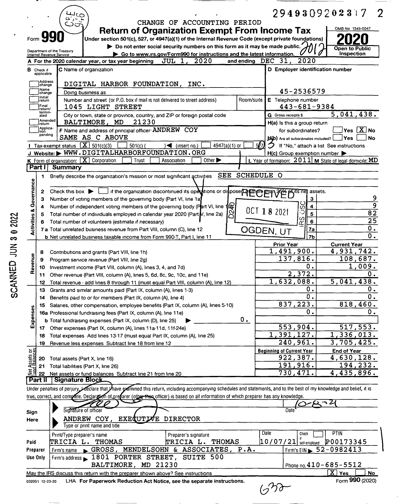 Image of first page of 2020 Form 990 for Digital Harbor Foundation