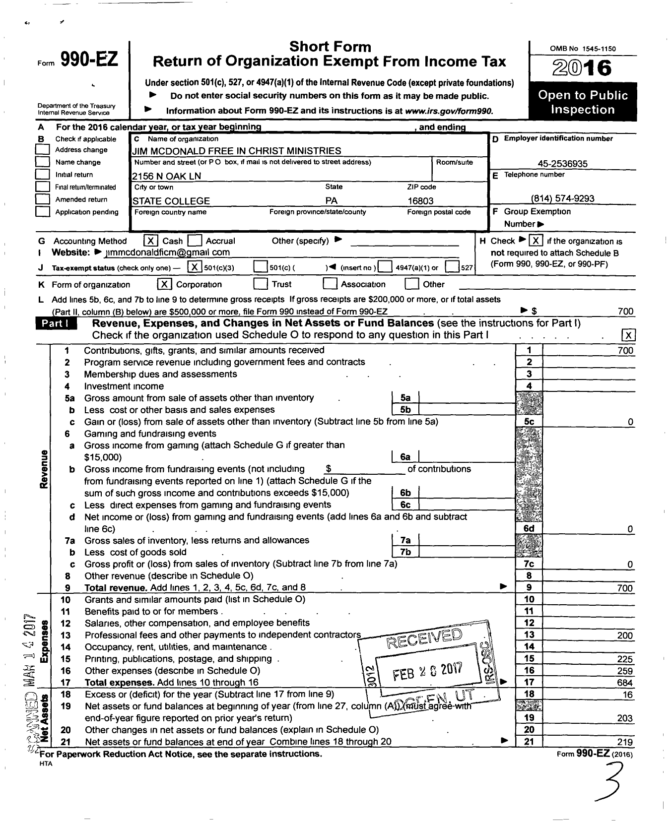 Image of first page of 2016 Form 990EZ for Jim McDonald Free In Christ Ministries