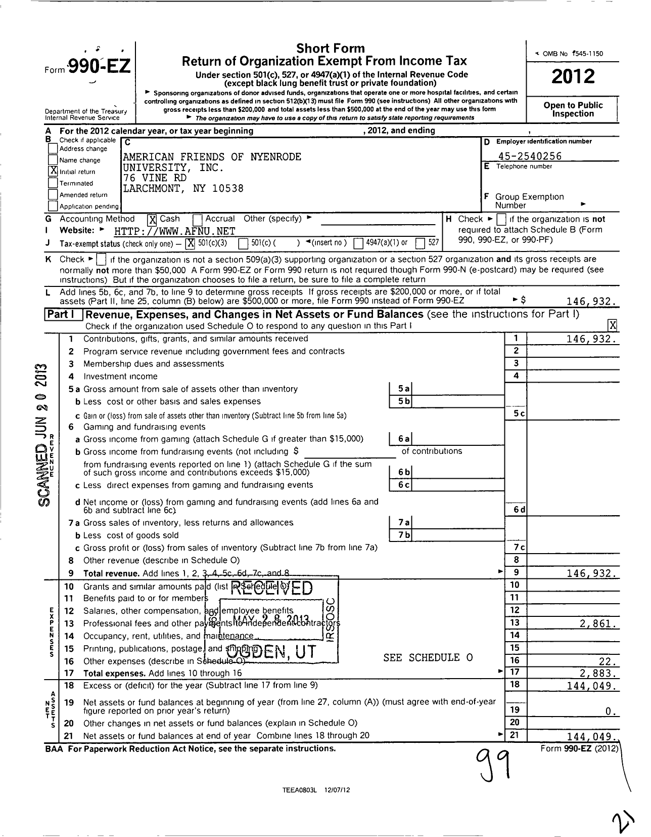 Image of first page of 2012 Form 990EZ for American Friends of Nyenrode University