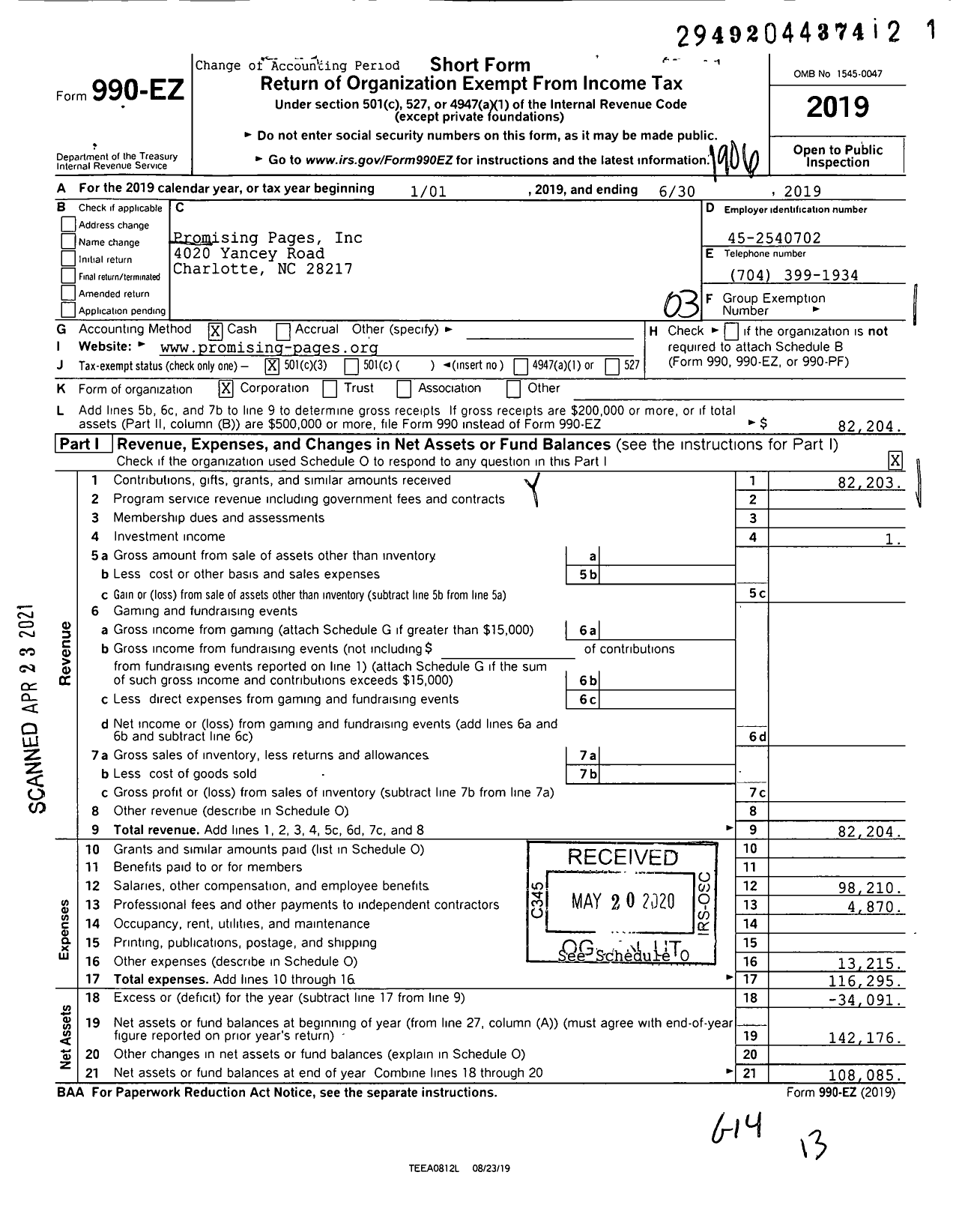 Image of first page of 2018 Form 990EZ for Promising Pages