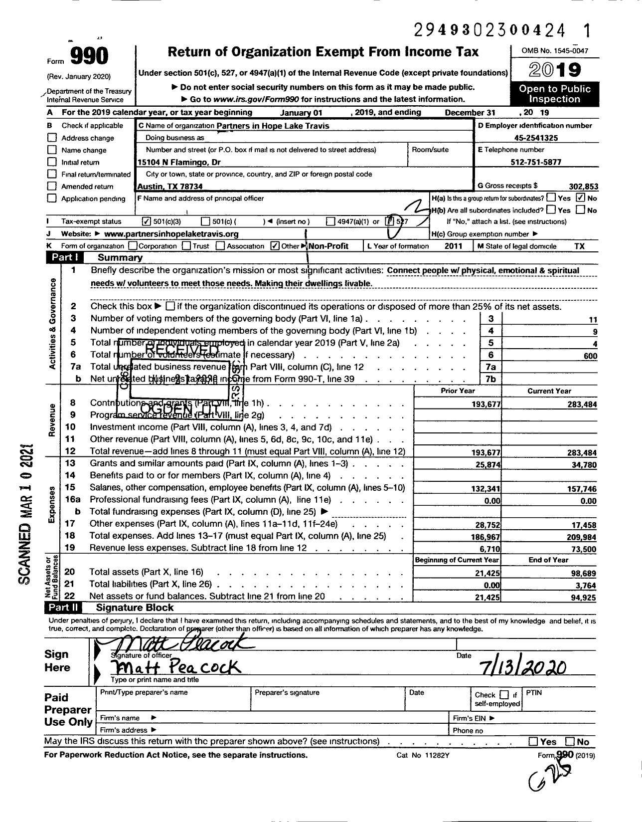 Image of first page of 2019 Form 990 for Partners in Hope - Texas