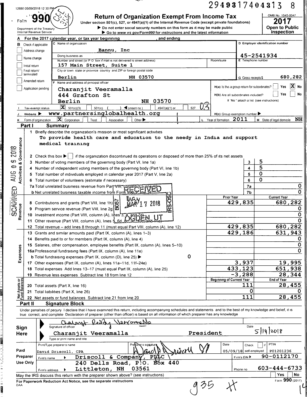 Image of first page of 2017 Form 990 for Bannu