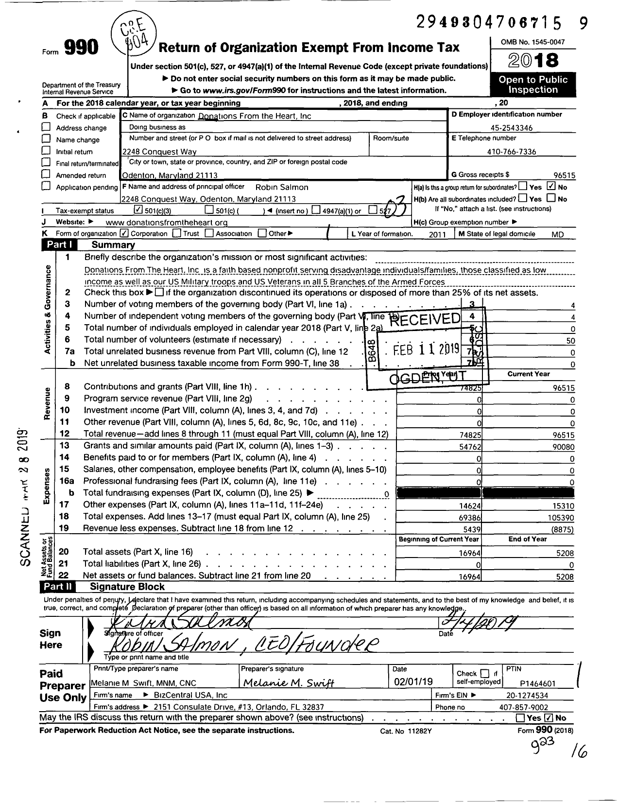 Image of first page of 2018 Form 990 for Donations From the Heart