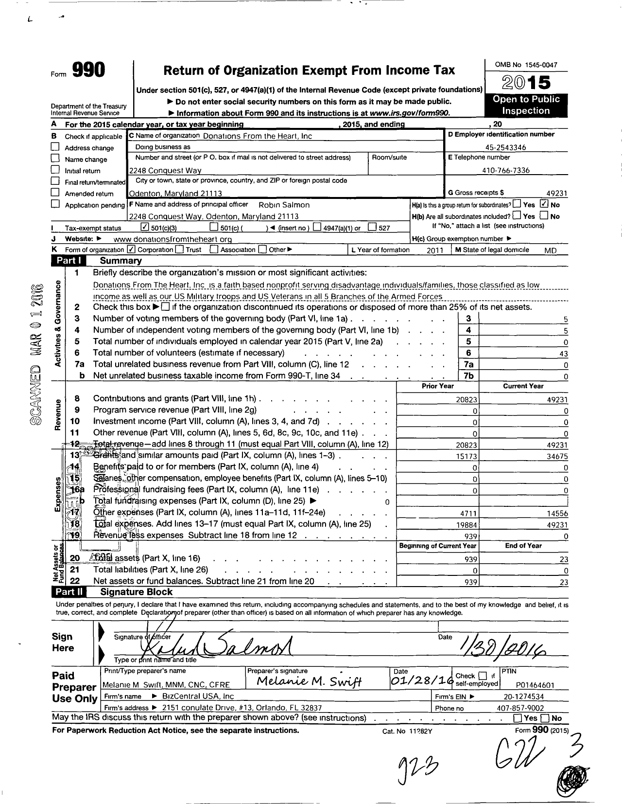 Image of first page of 2015 Form 990 for Donations From the Heart