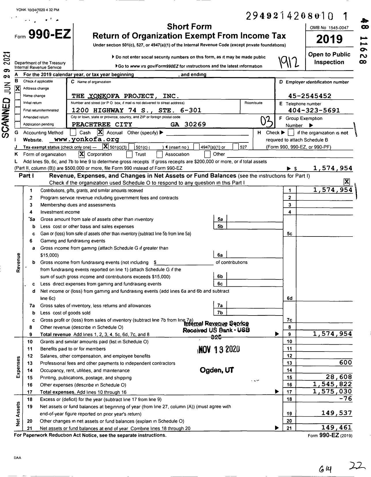 Image of first page of 2019 Form 990EZ for The Yonkofa Project