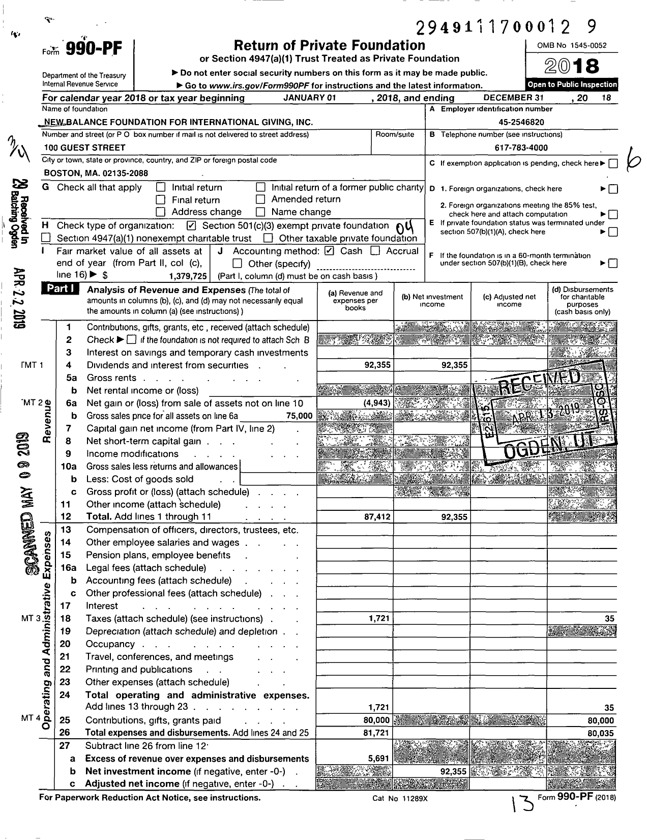Image of first page of 2018 Form 990PF for New Balance Foundation for International Giving