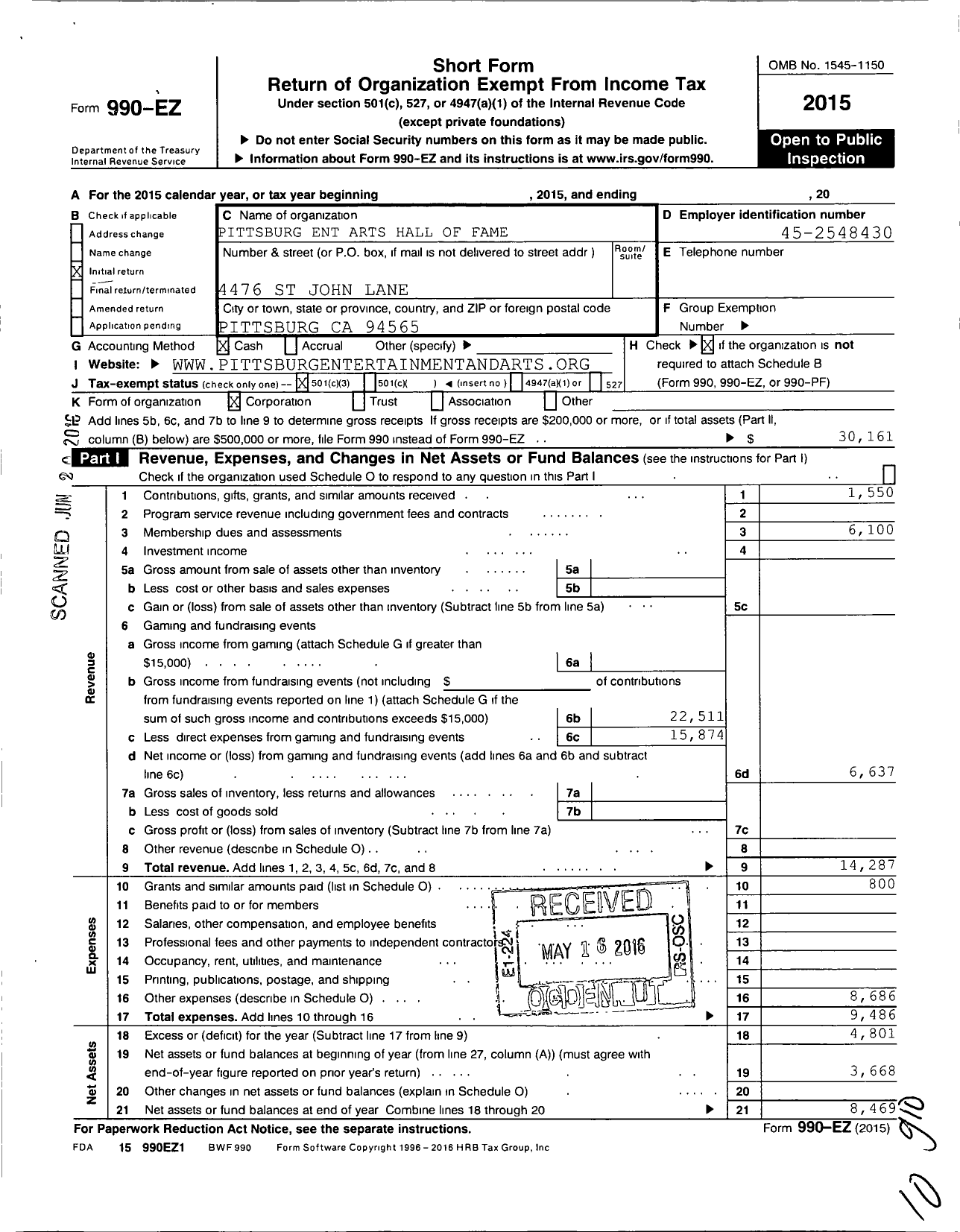 Image of first page of 2015 Form 990EZ for Pittsburg Entertainment and Arts Hall of Fame